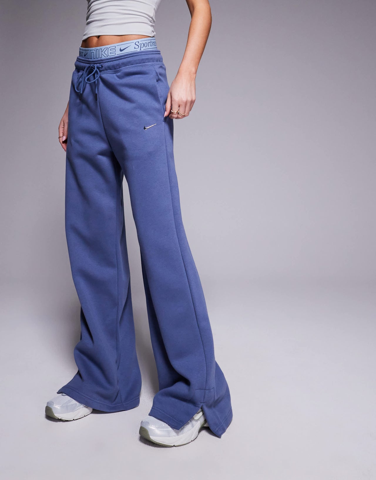 Nike Phoenix Fleece Gym Life Swoosh wide leg joggers with boxer detail in blue