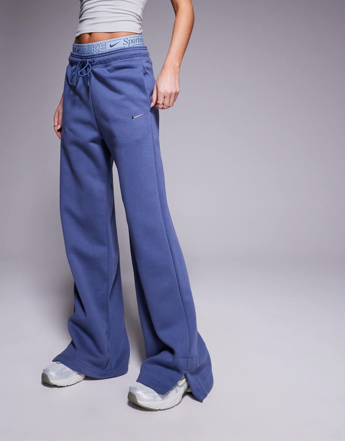Nike Phoenix Fleece Gym Life Swoosh wide leg joggers with boxer detail in blue