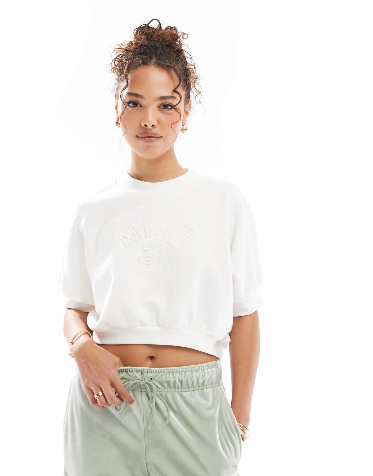 Nike MSC fleece cropped t-shirt in cream