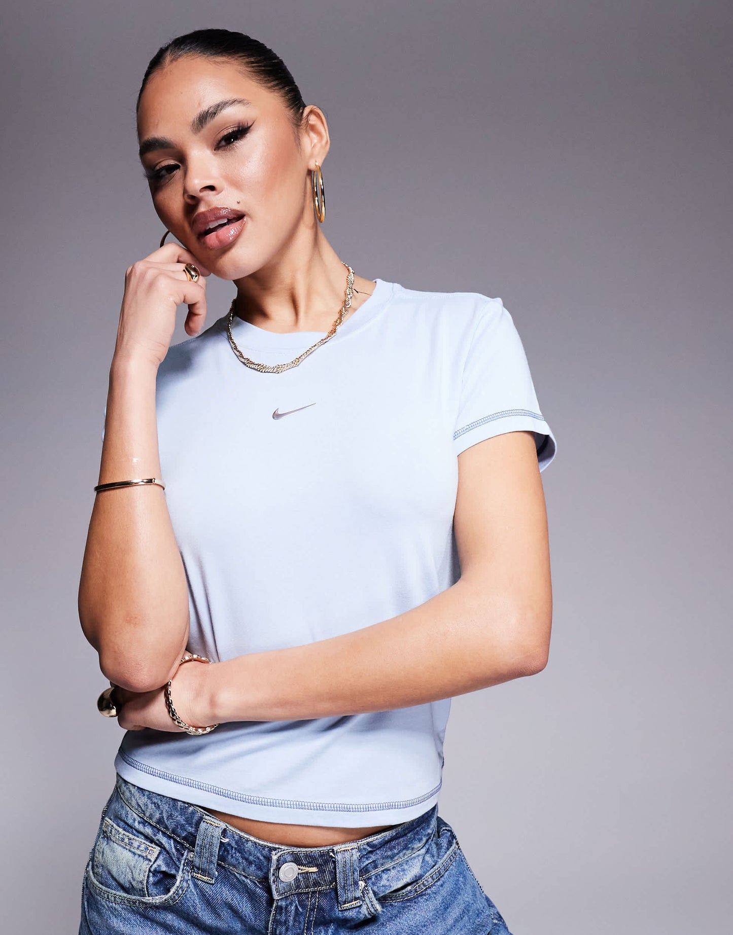 Nike Chill Gym Life Swoosh baby cropped t-shirt in light blue
