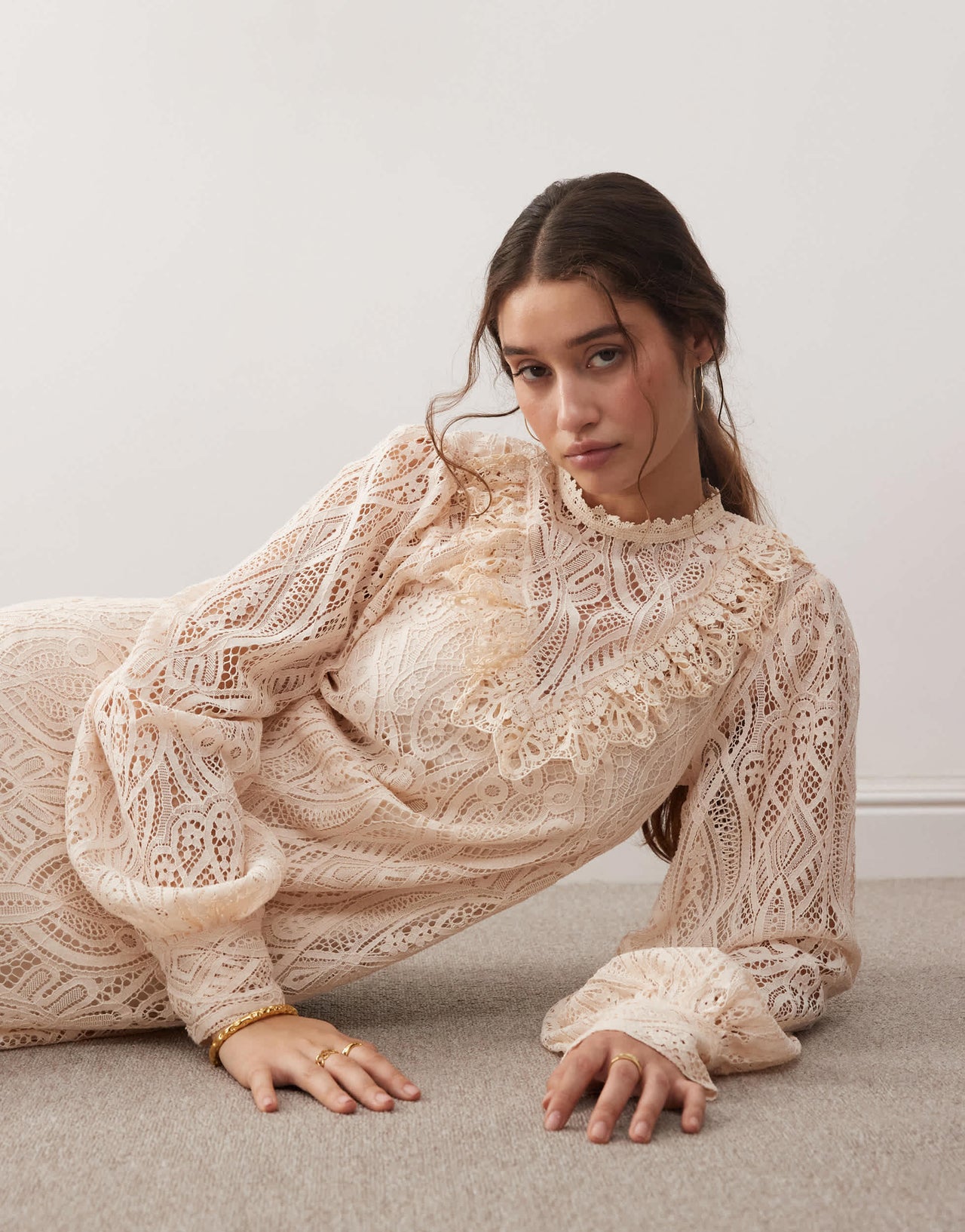 Miss Selfridge lace victoriana mini dress in light pink