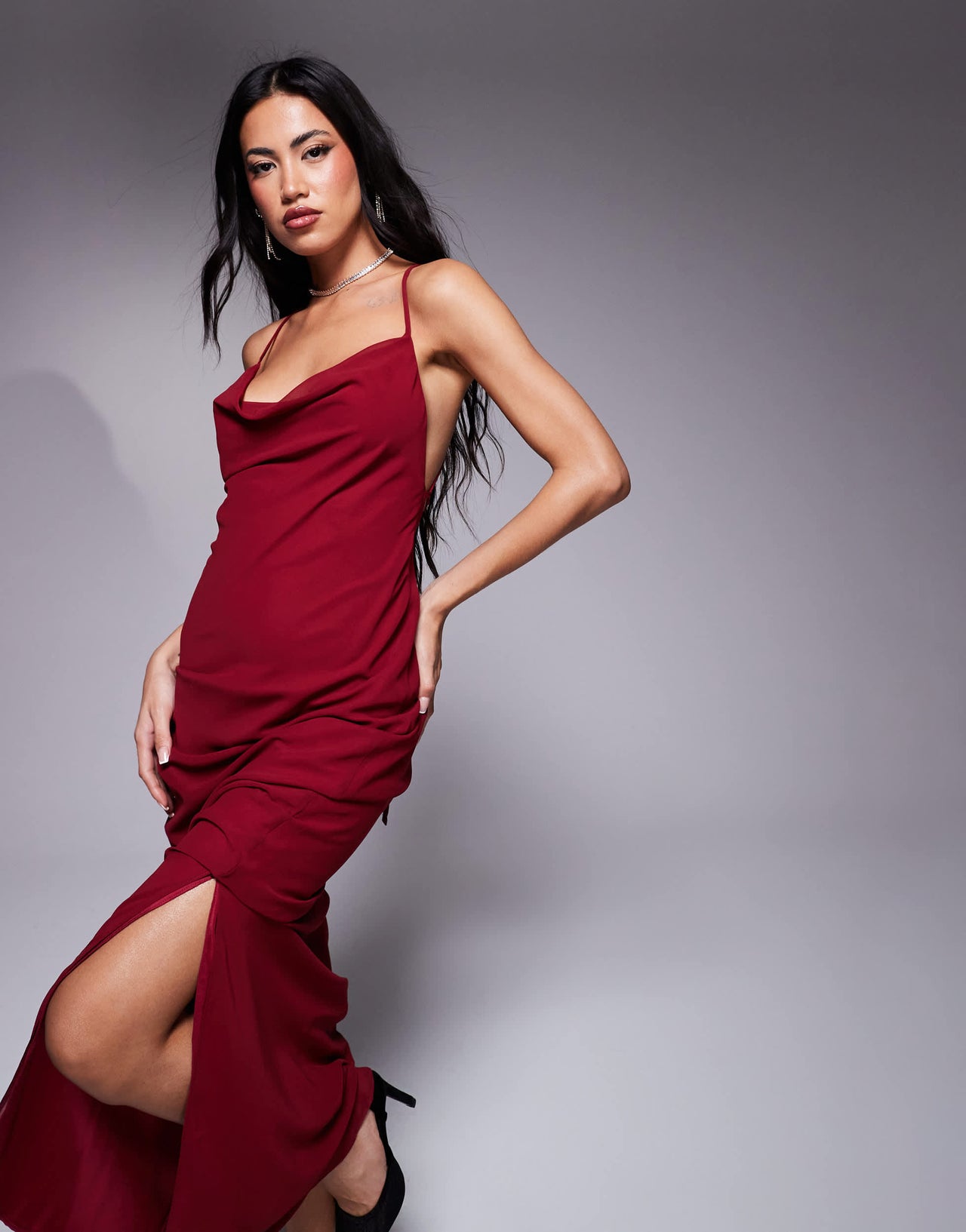 ASOS DESIGN bias strappy cross back maxi in burgundy
