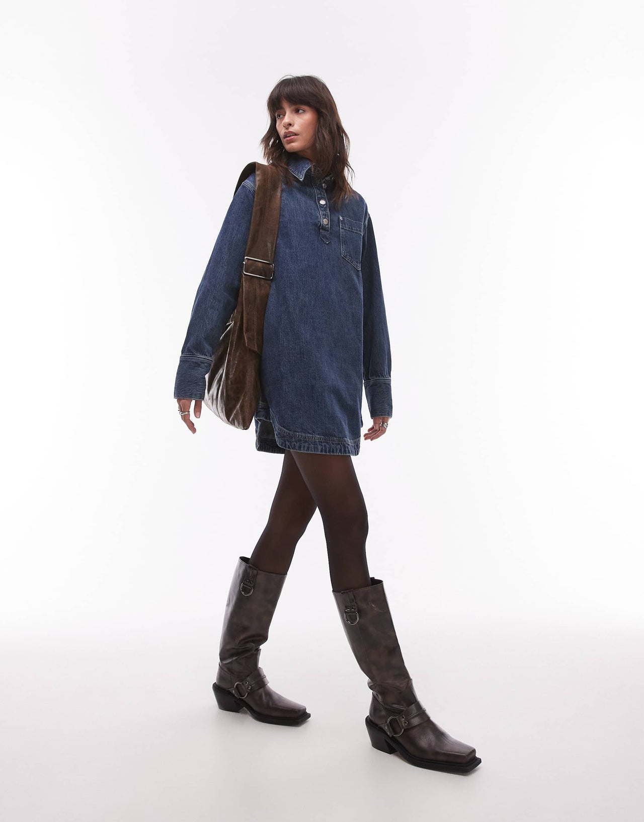 Topshop denim long sleeve pull over dress in mid blue