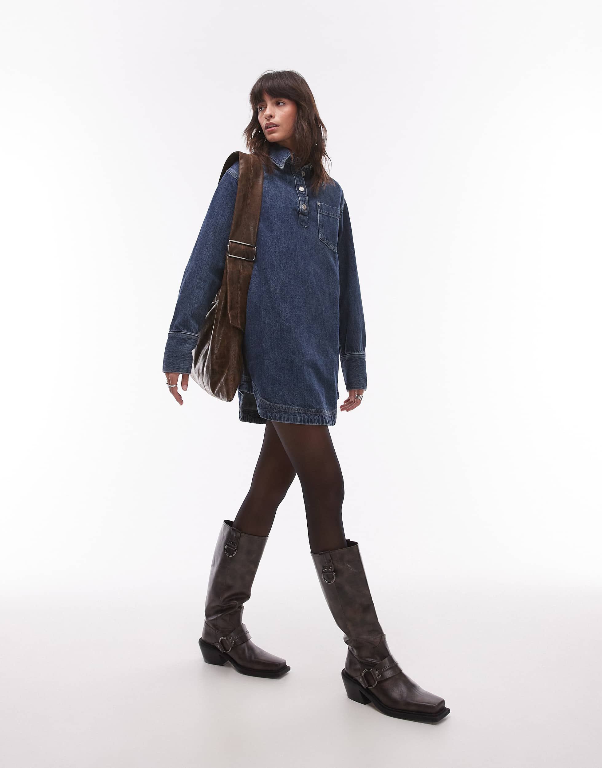 Topshop denim long sleeve pull over dress in mid blue