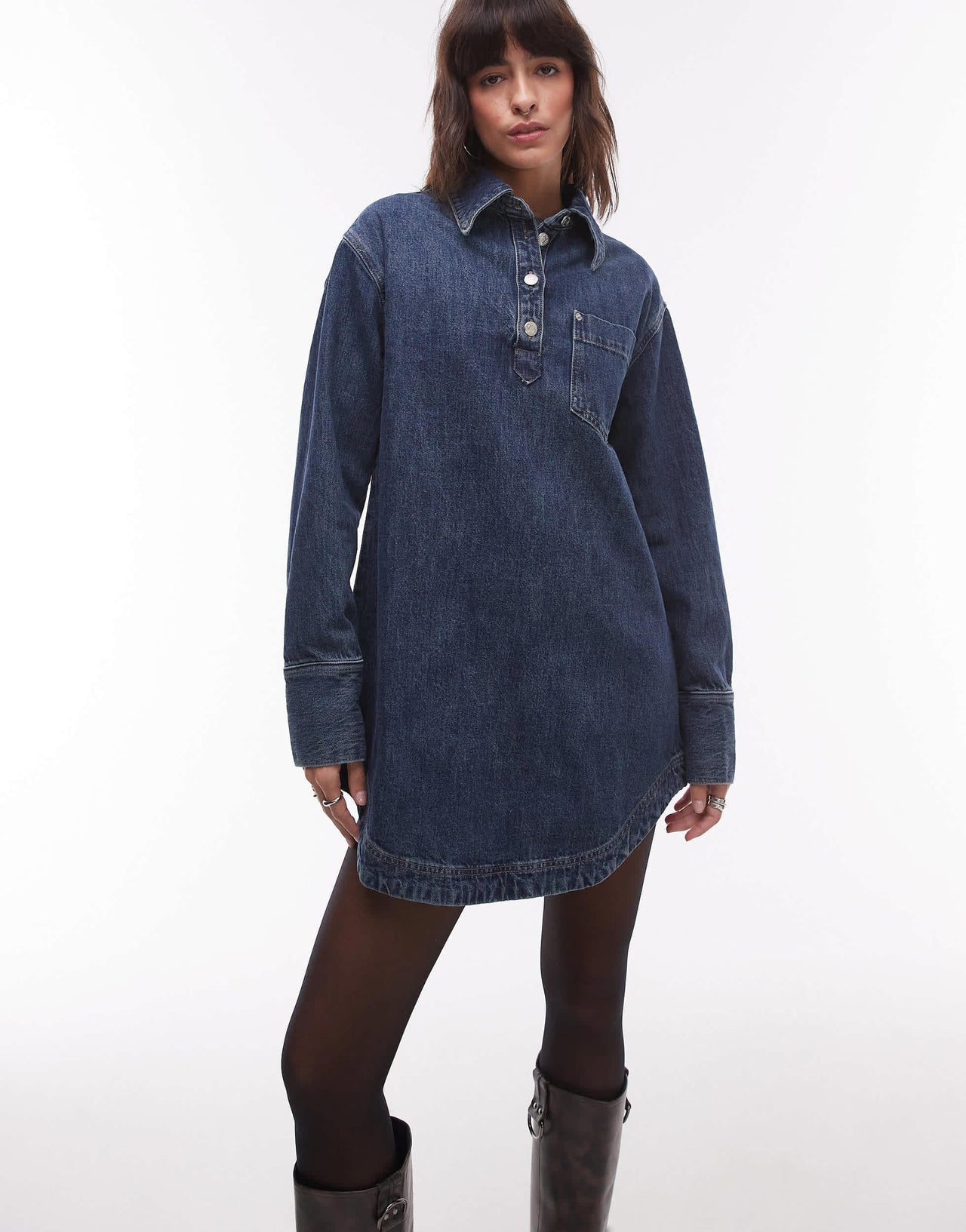 Topshop denim long sleeve pull over dress in mid blue