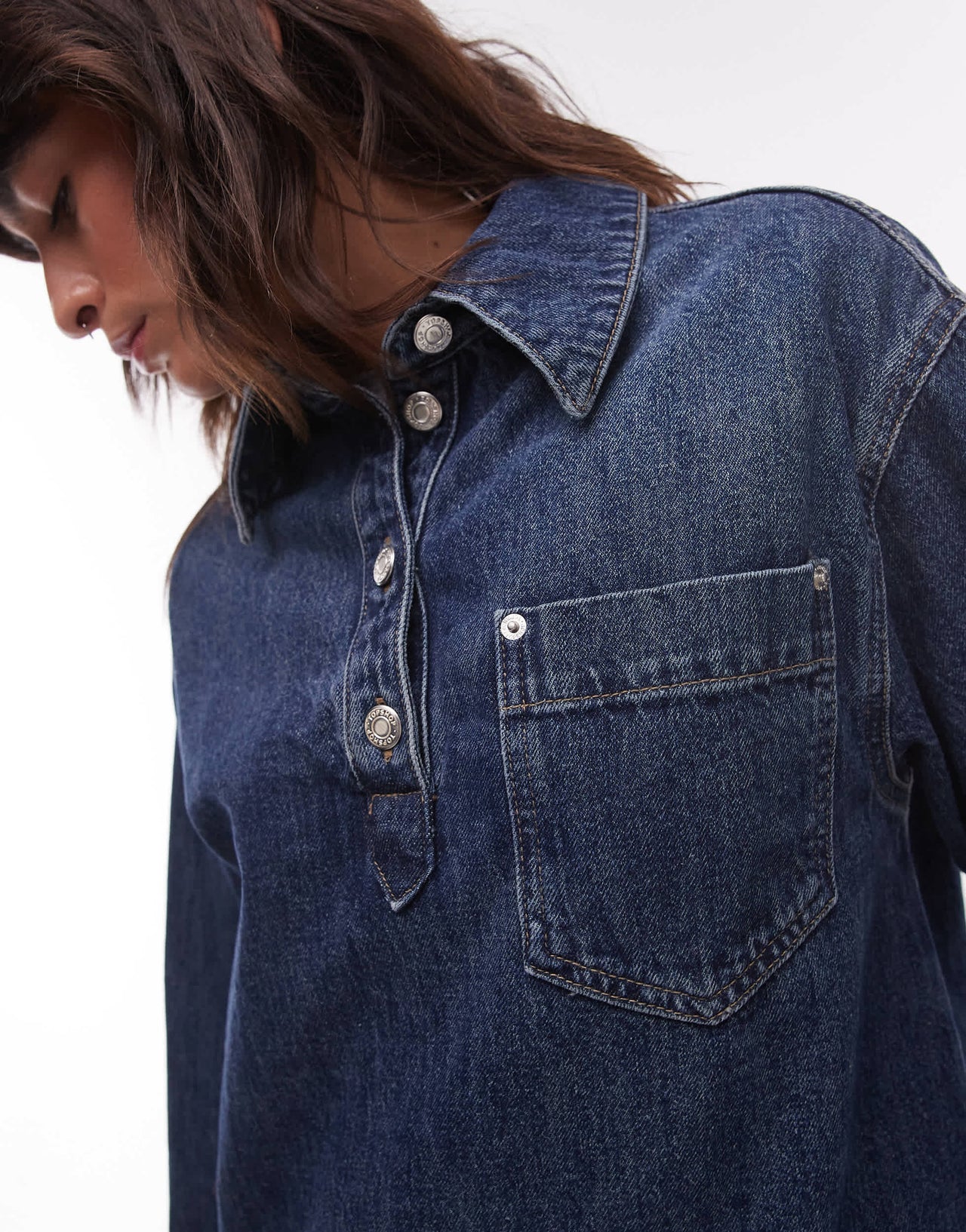 Topshop denim long sleeve pull over dress in mid blue