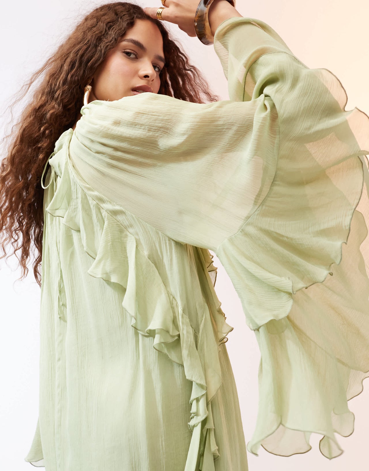 Mango ruffle and pleat front woven mini dress in pistachio