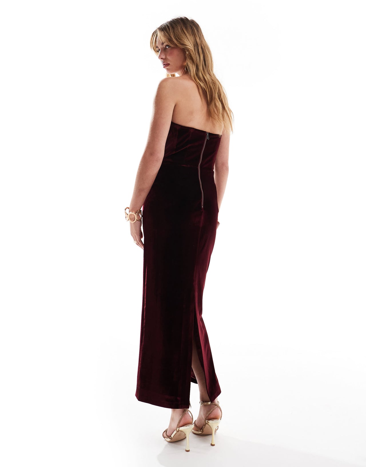 Bardot velour midi dress in burgundy