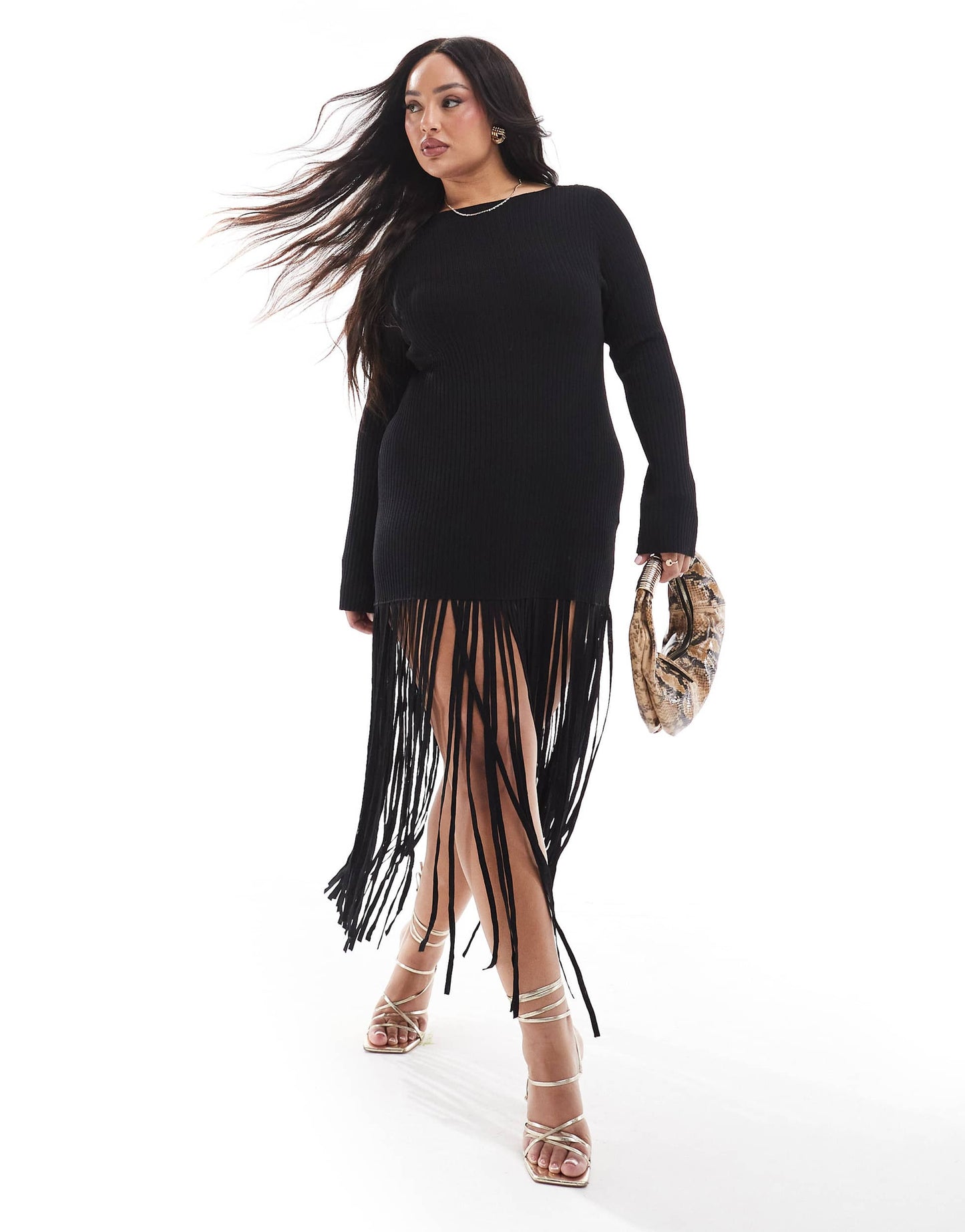 Renee Studio Plus x Michelle Nayla exclusive ribbed fringe tassel hem knitted mini dress in black