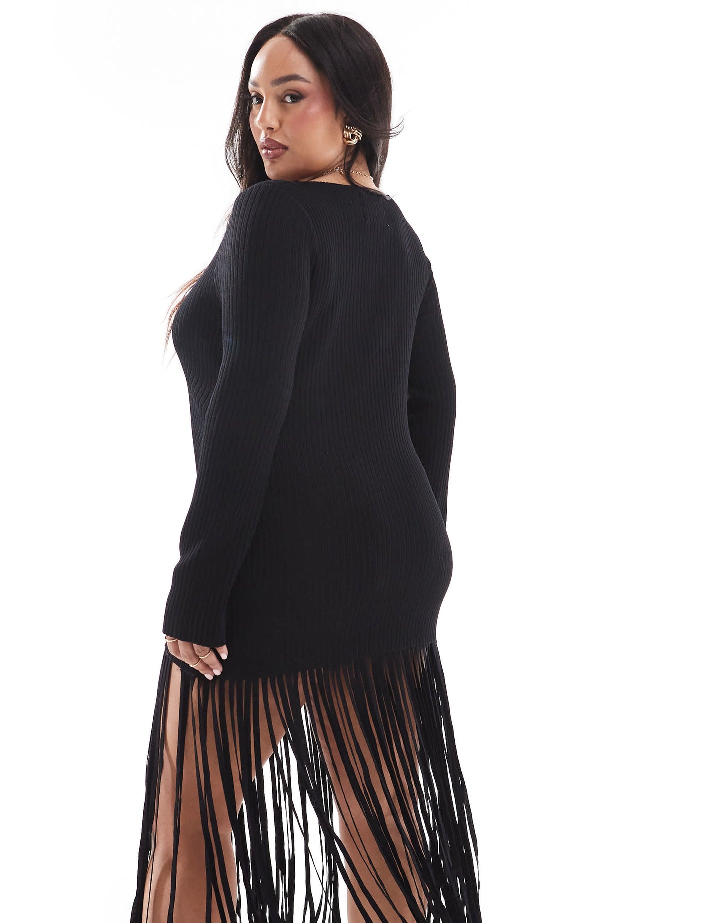 Renee Studio Plus x Michelle Nayla exclusive ribbed fringe tassel hem knitted mini dress in black