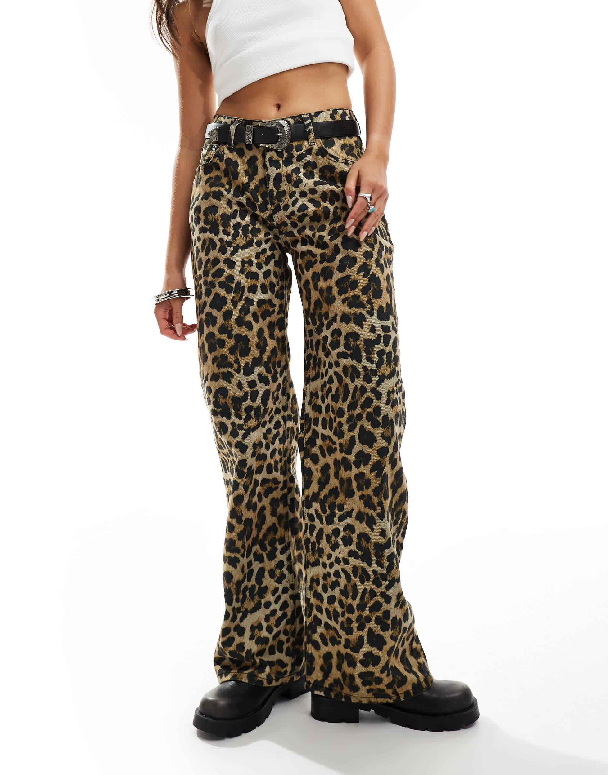 The Ragged Priest ultra low rise slouchy fit wide leg denim jeans in leopard print