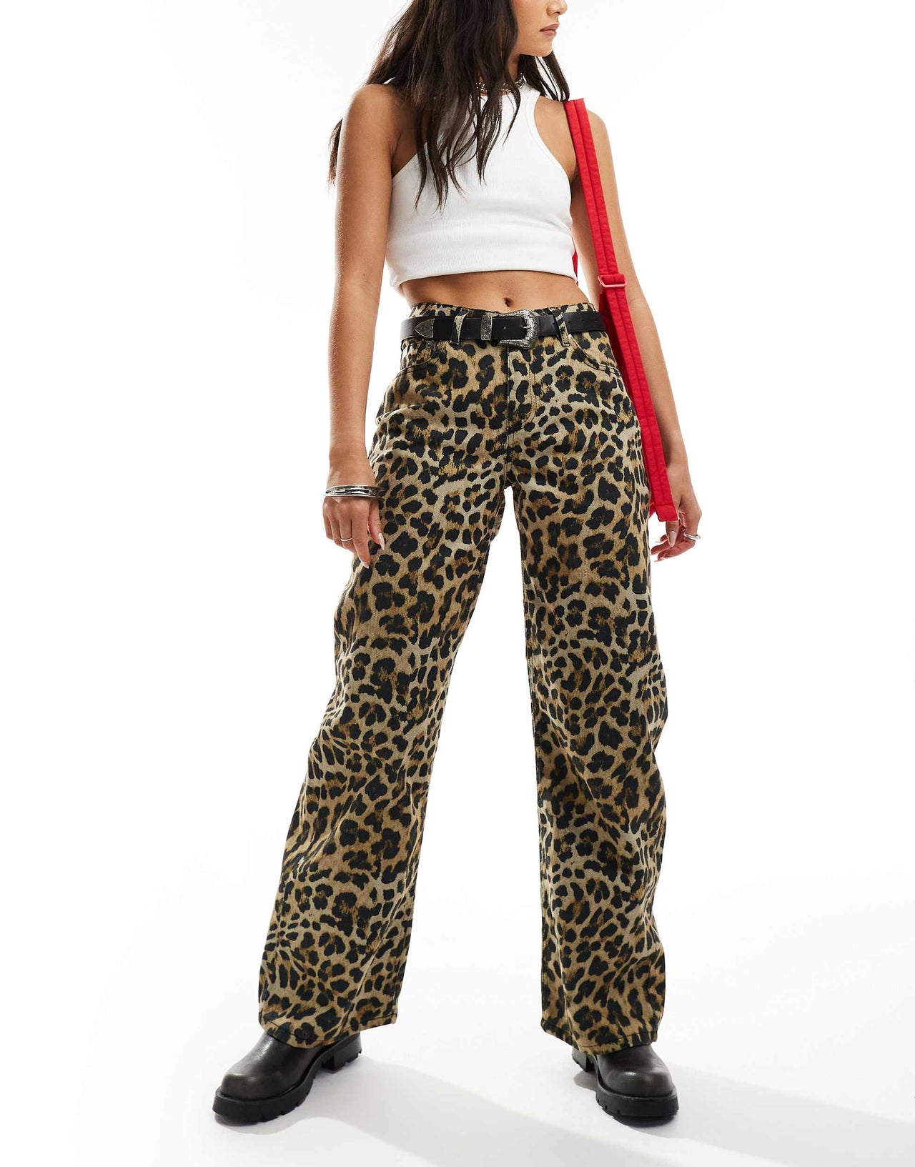 The Ragged Priest ultra low rise slouchy fit wide leg denim jeans in leopard print