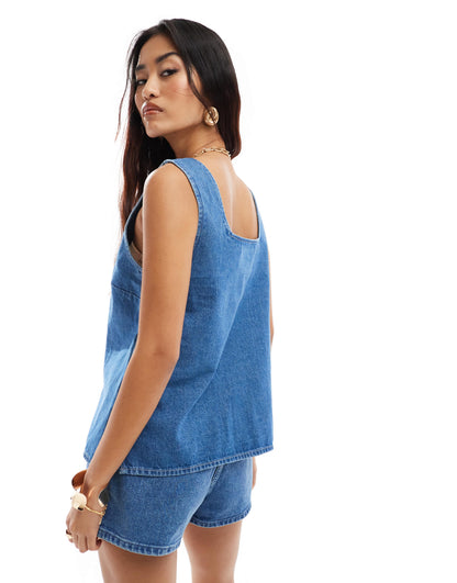 ASOS DESIGN denim long tank top in mid blue