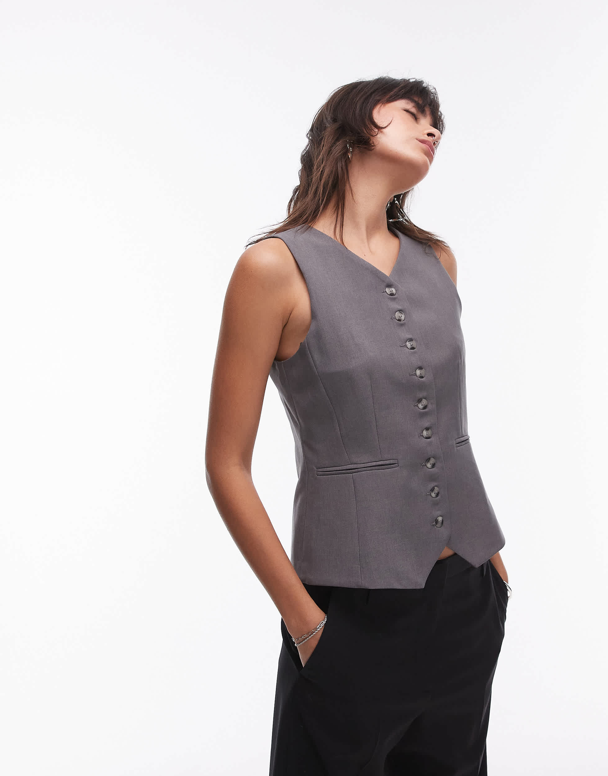 Topshop co ord high button up tailored waistcoat in slate BEIGE