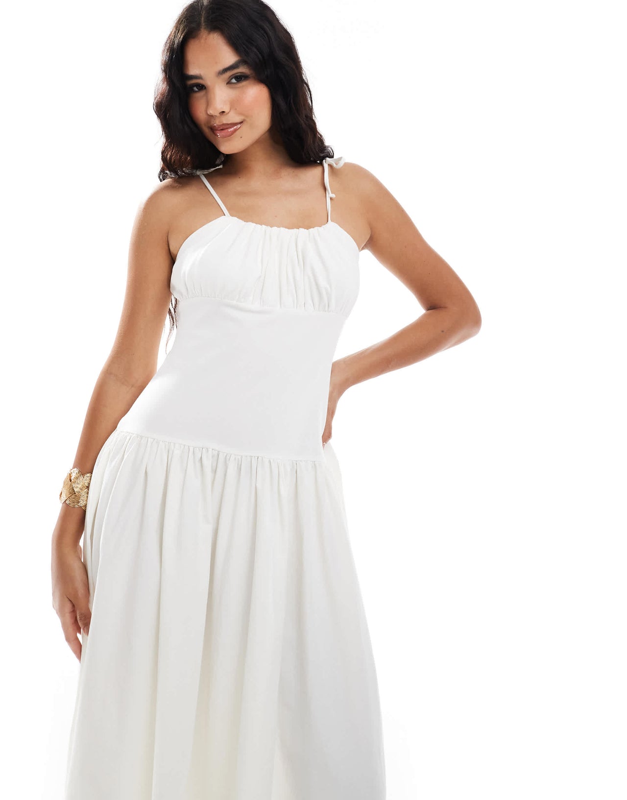 ASOS DESIGN poplin mix gathered bust maxi dress in cream