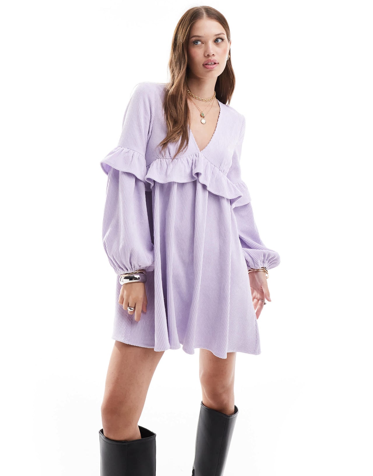 ASOS DESIGN cord smock mini dress with frill detail in lilac