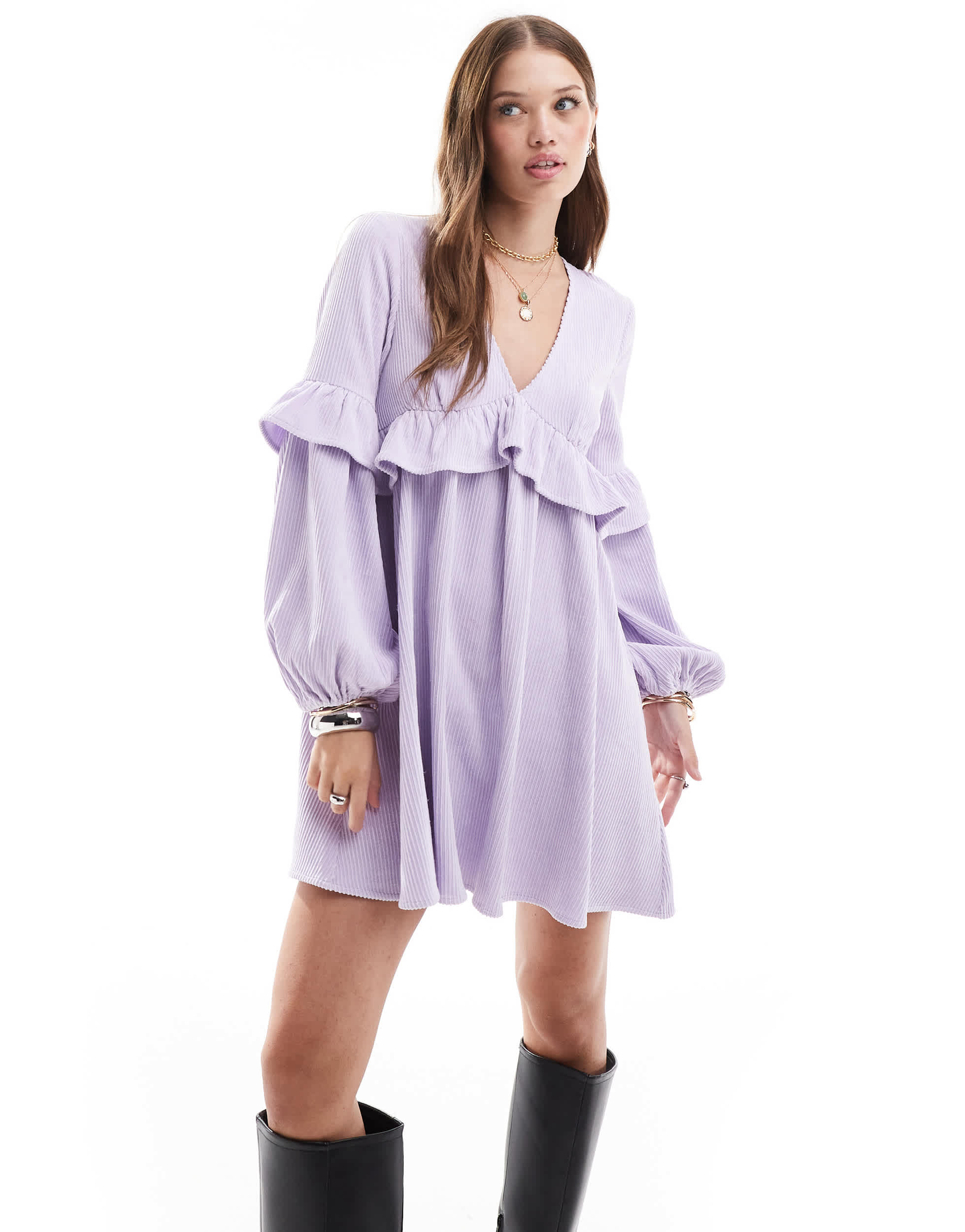 ASOS DESIGN cord smock mini dress with frill detail in lilac