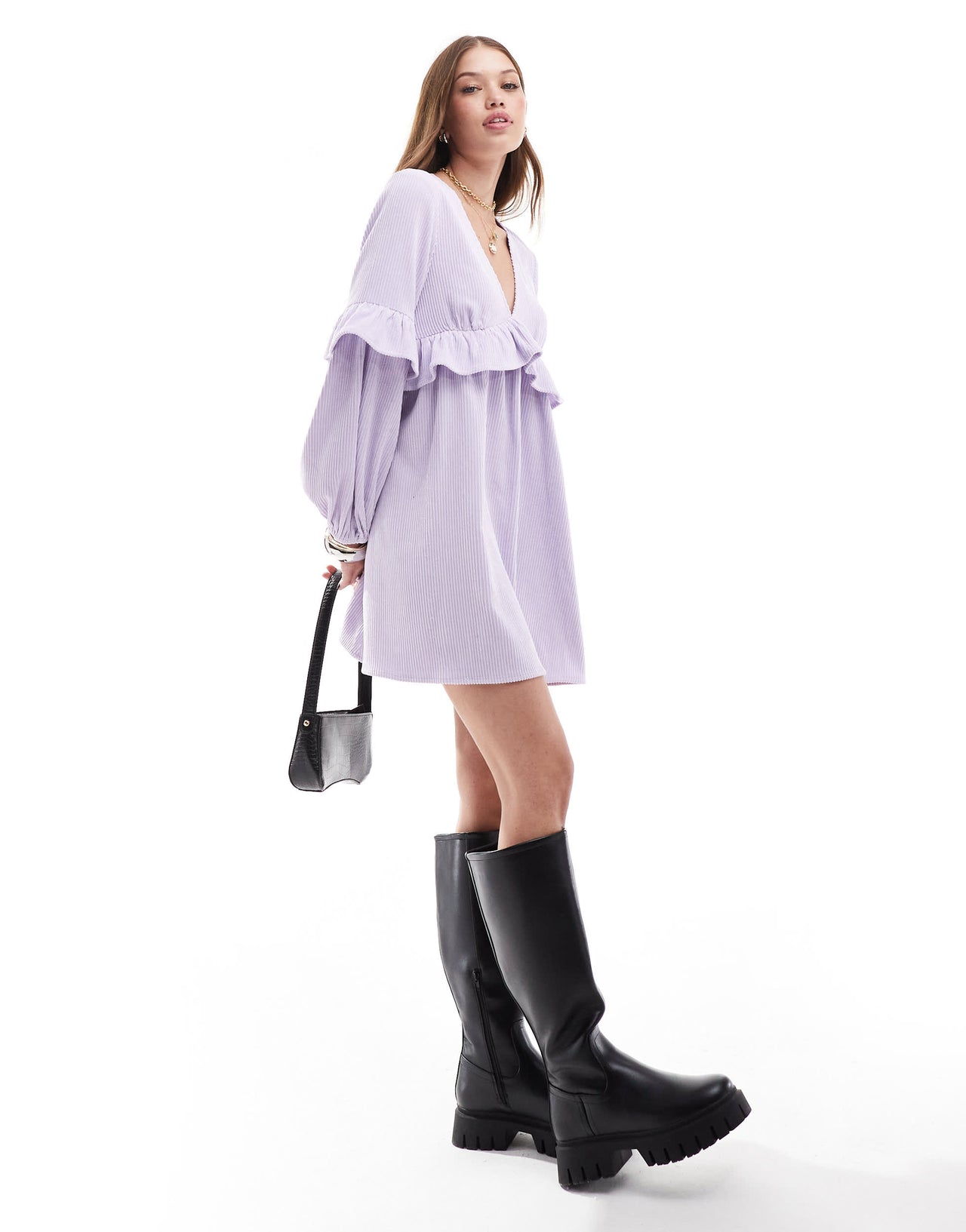 ASOS DESIGN cord smock mini dress with frill detail in lilac