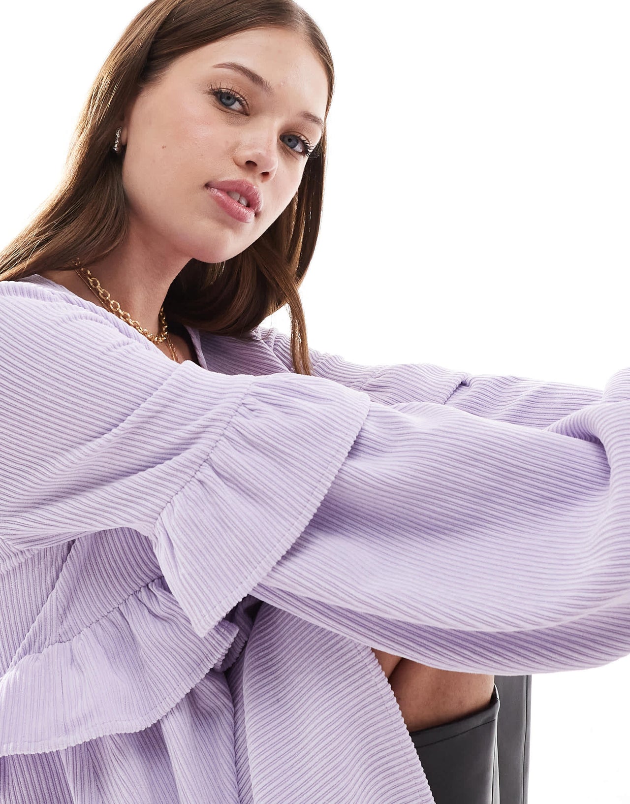 ASOS DESIGN cord smock mini dress with frill detail in lilac