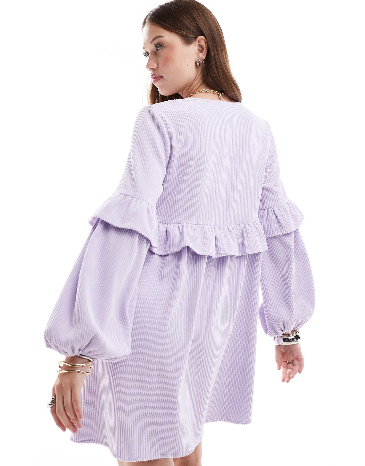 ASOS DESIGN cord smock mini dress with frill detail in lilac