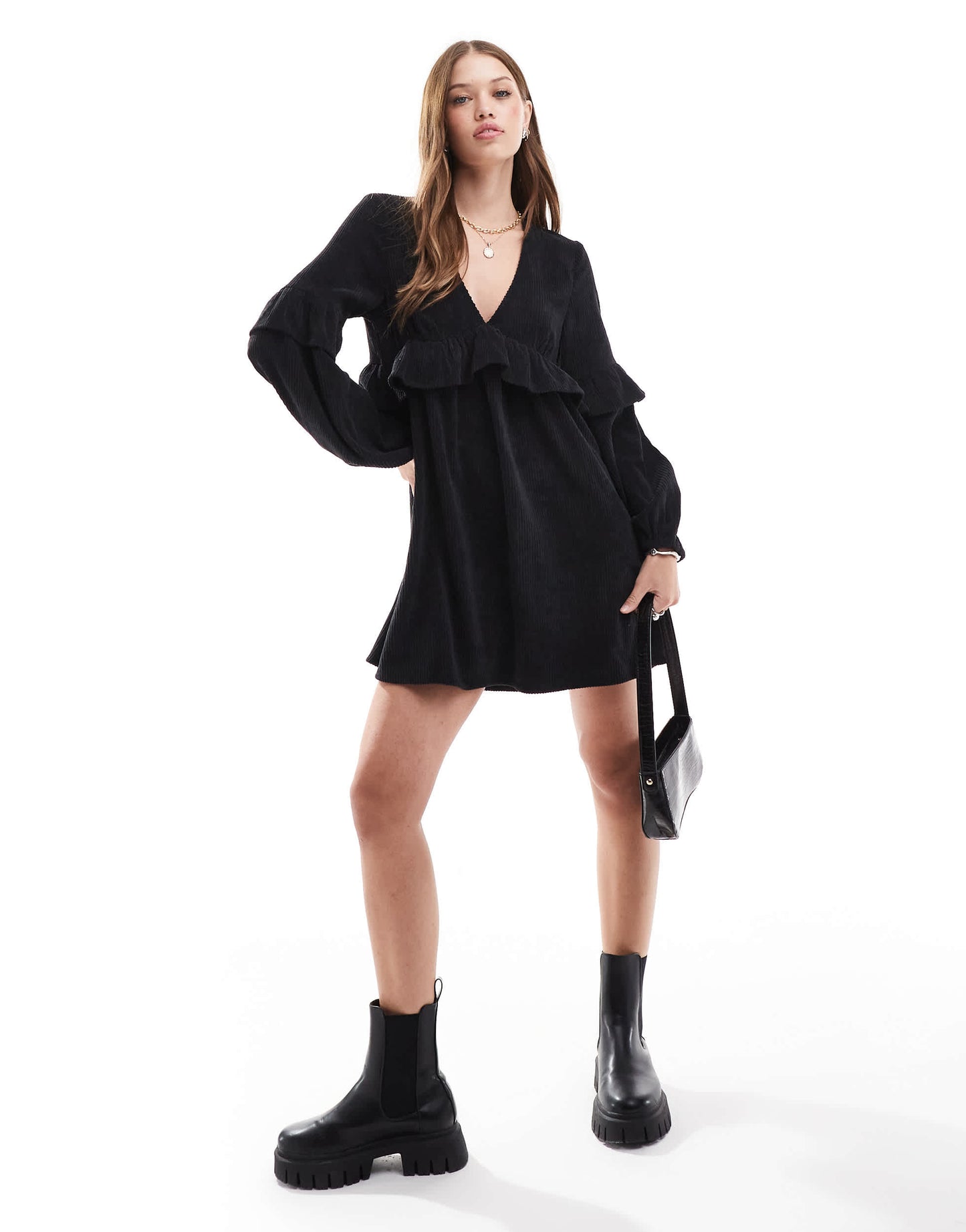 ASOS DESIGN cord smock mini dress with frill in black