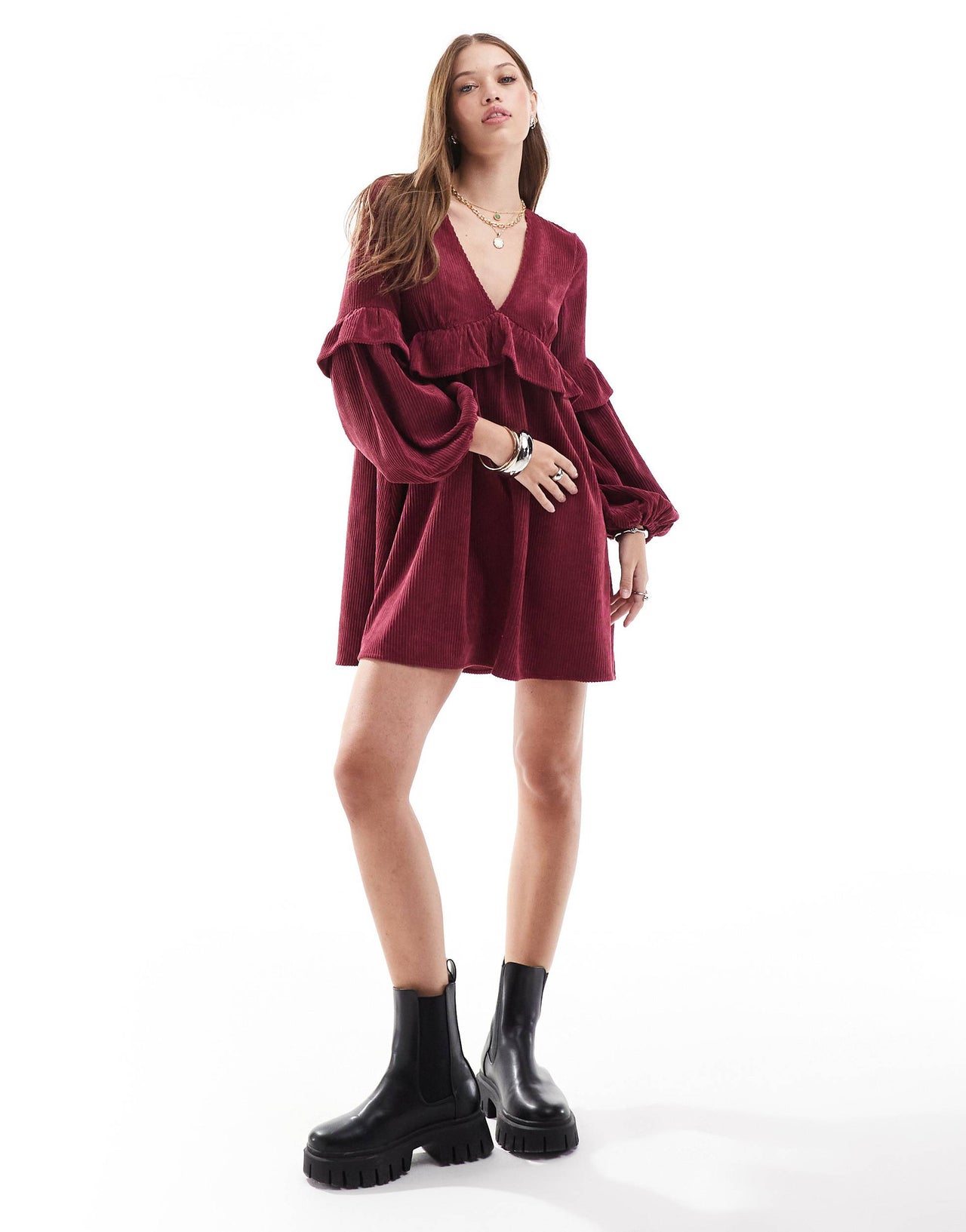 ASOS DESIGN cord smock mini dress with frill detail in burgundy