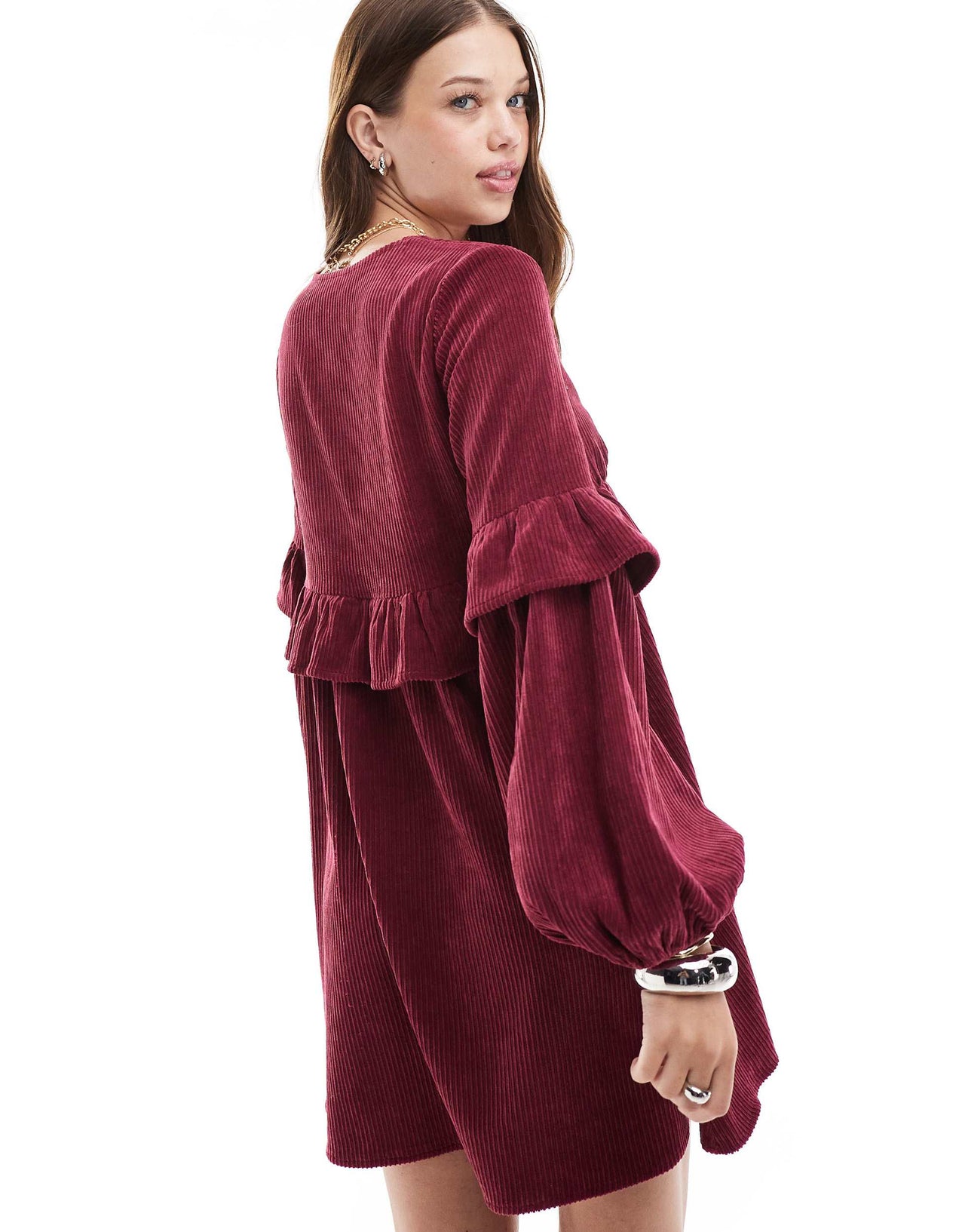 ASOS DESIGN cord smock mini dress with frill detail in burgundy