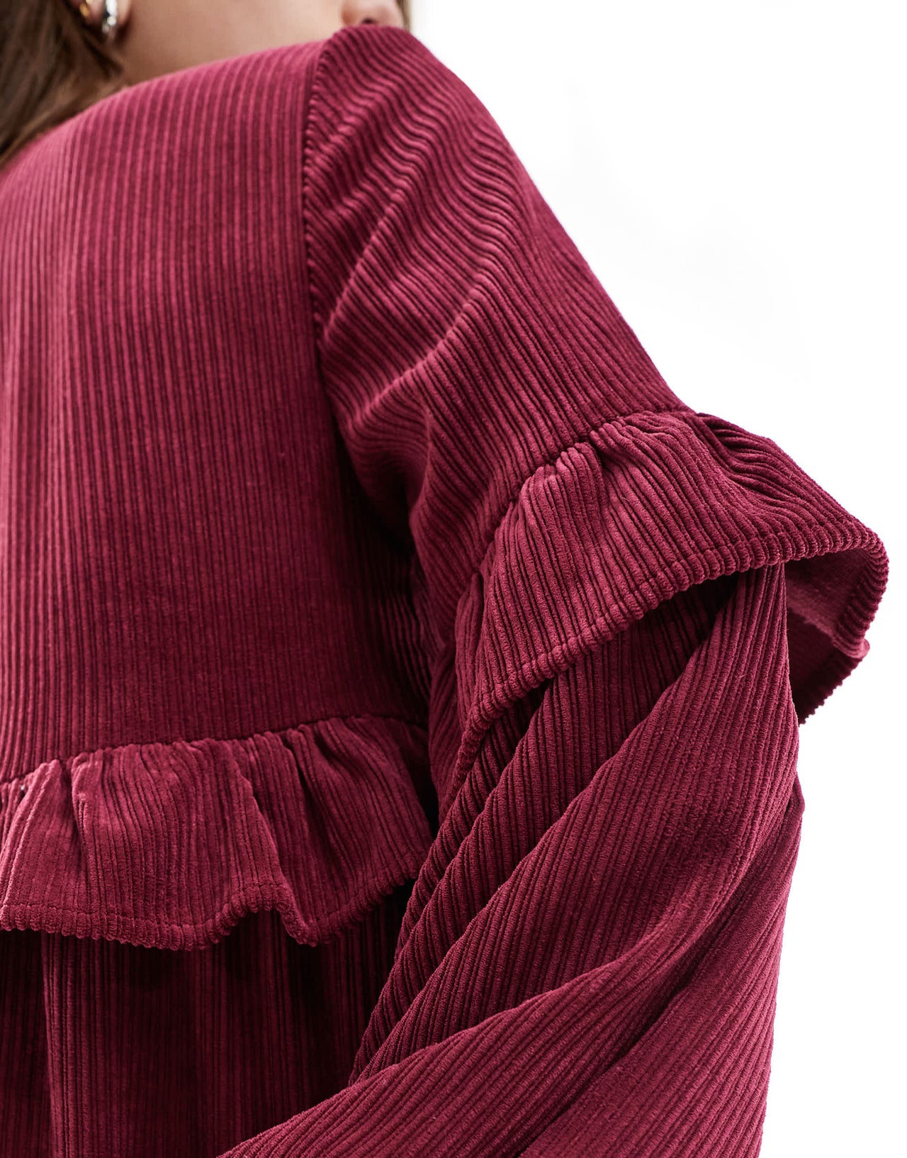 ASOS DESIGN cord smock mini dress with frill detail in burgundy