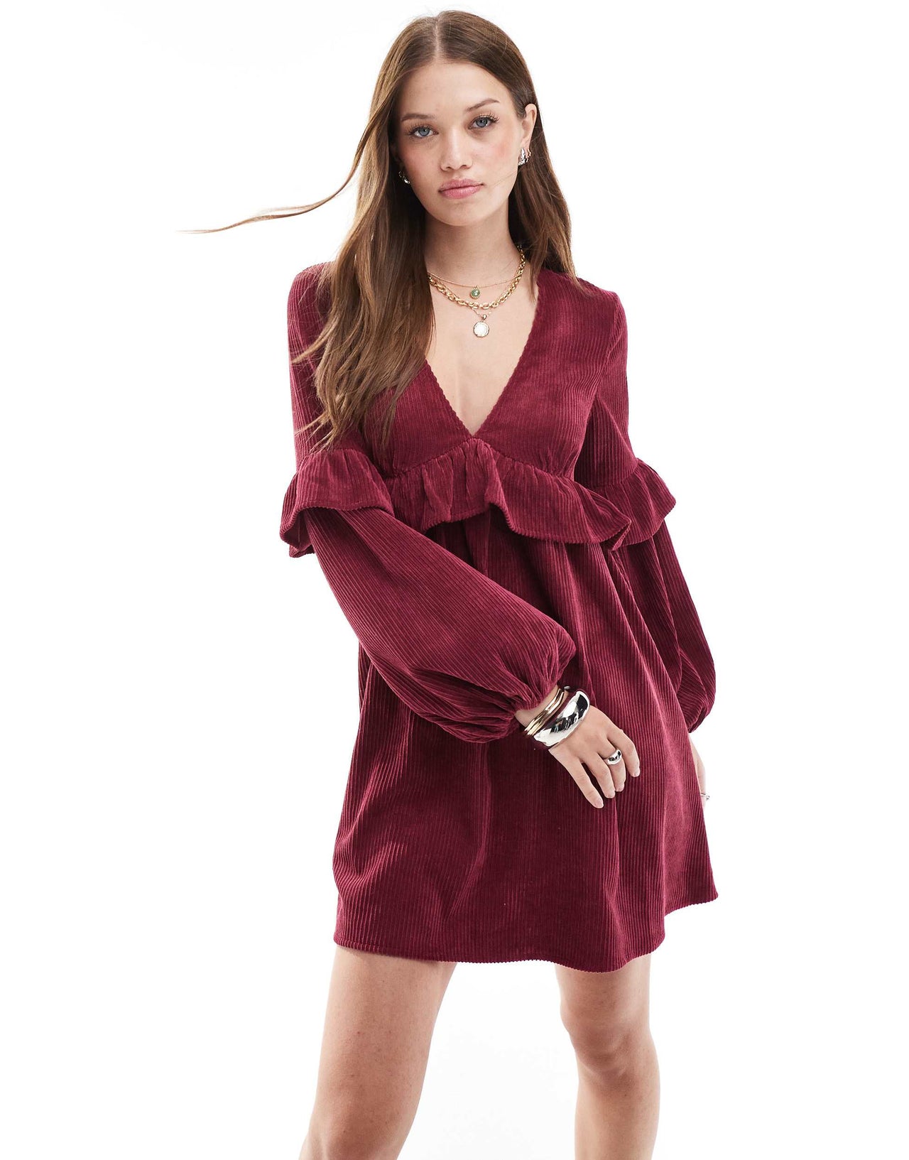ASOS DESIGN cord smock mini dress with frill detail in burgundy