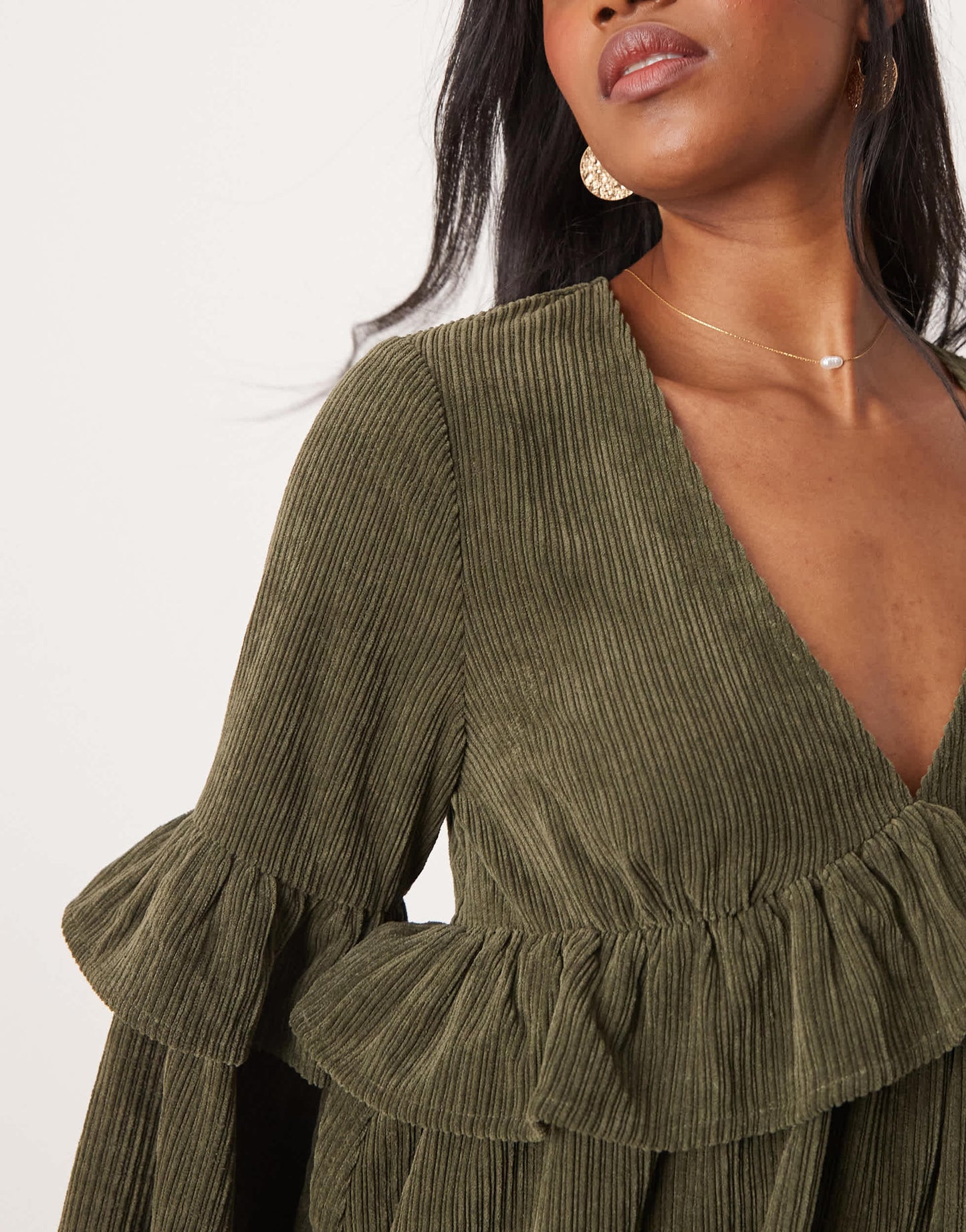 ASOS DESIGN cord smock mini dress with frill detail in deep olive