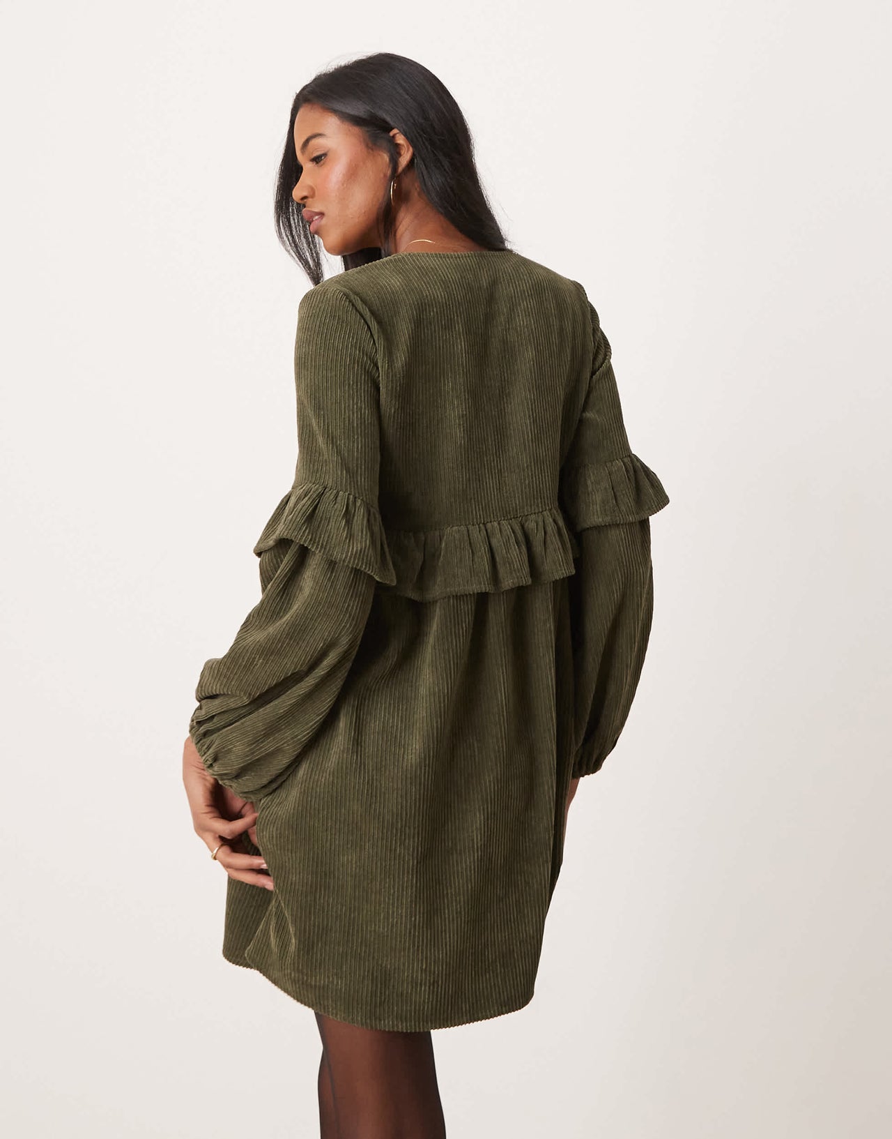 ASOS DESIGN cord smock mini dress with frill detail in deep olive