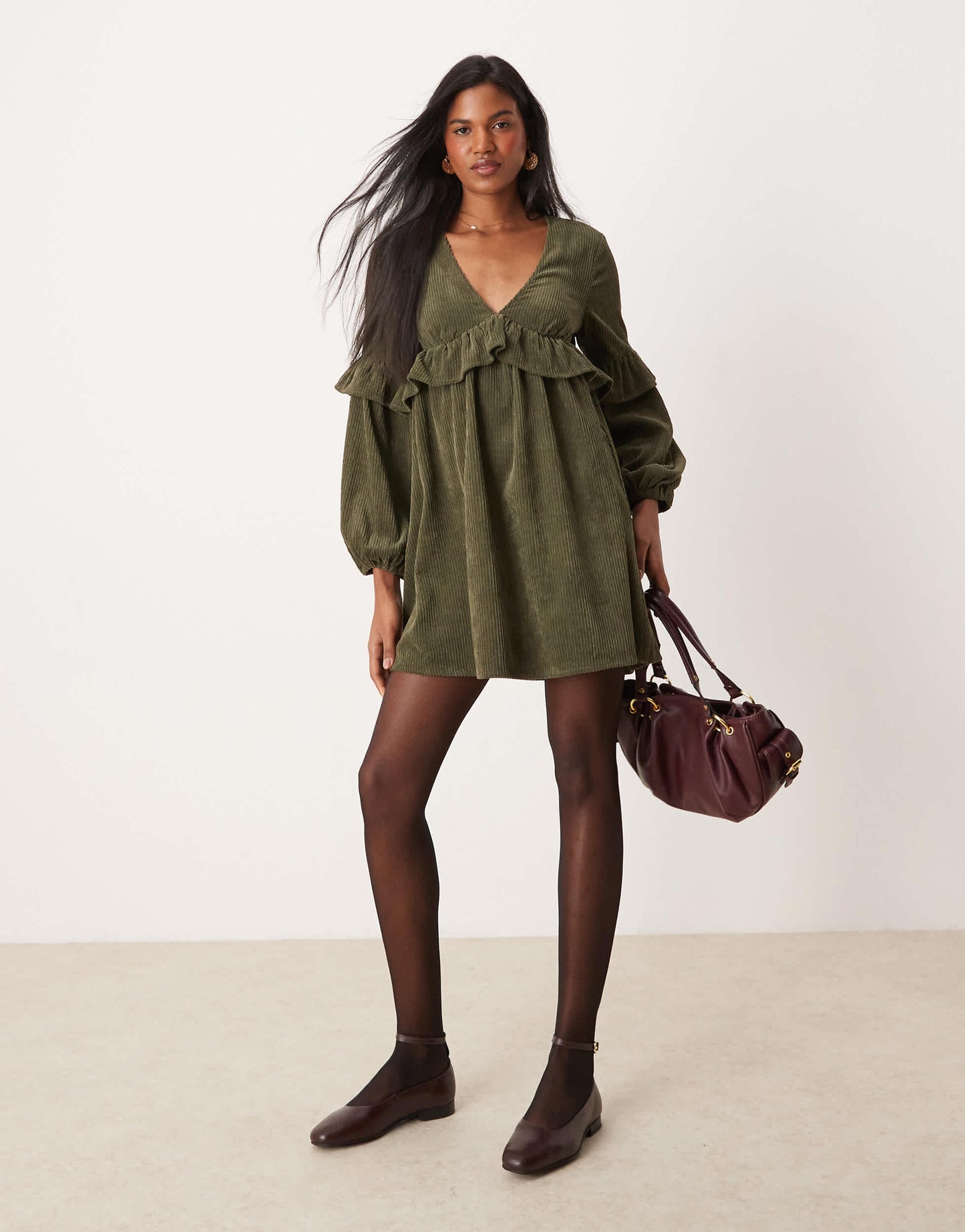 ASOS DESIGN cord smock mini dress with frill detail in deep olive