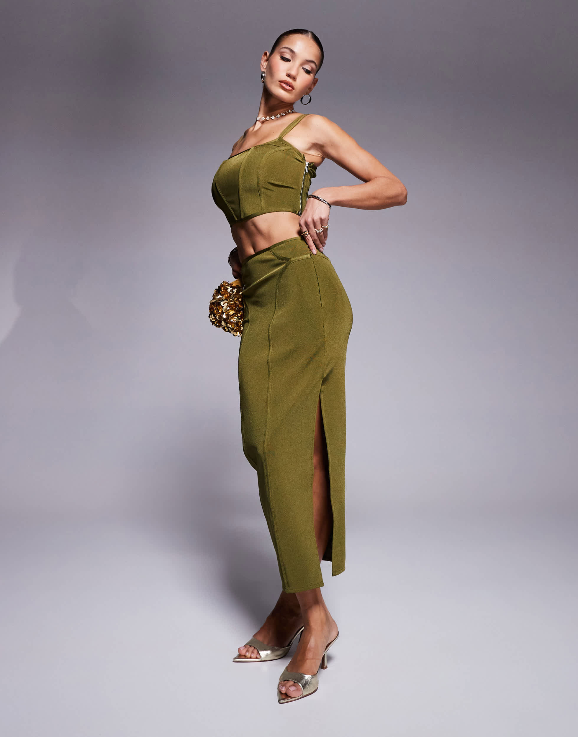 ASOS DESIGN co-ord bandage midi skirt with seams in olive