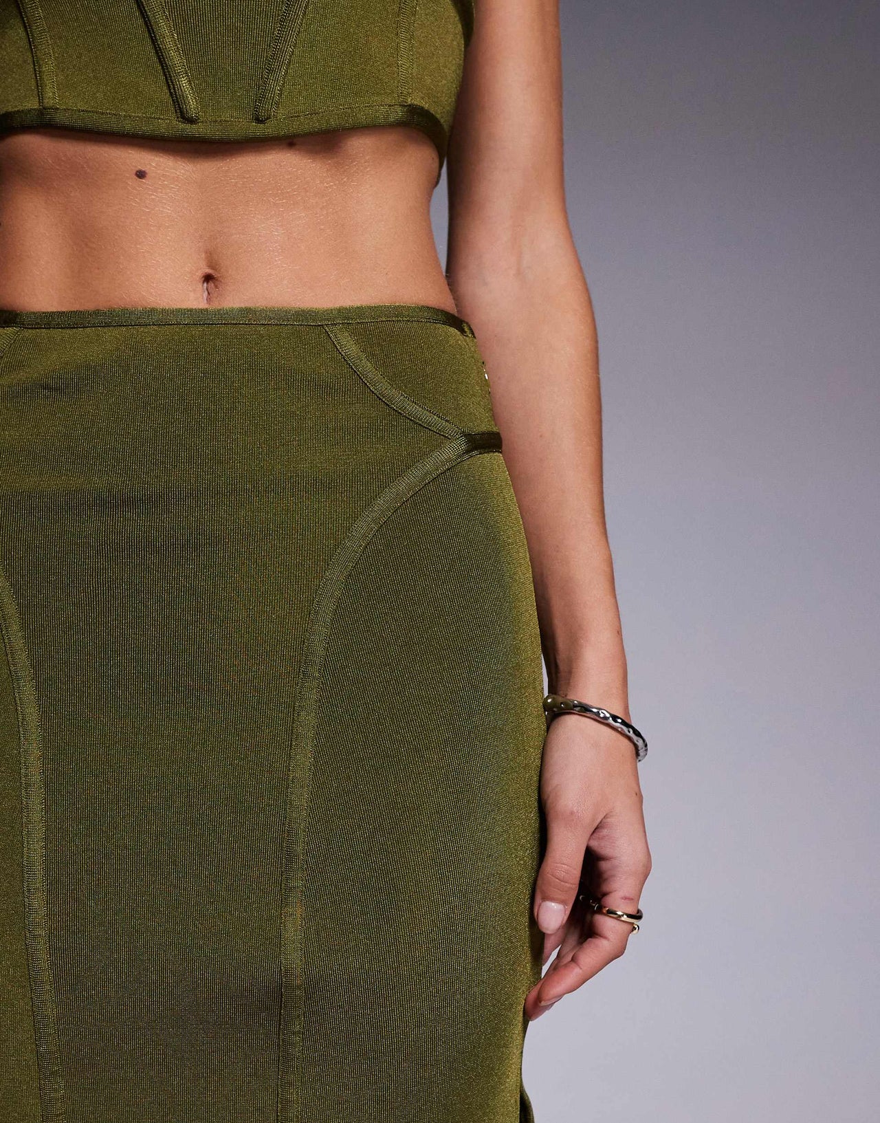 ASOS DESIGN co-ord bandage midi skirt with seams in olive