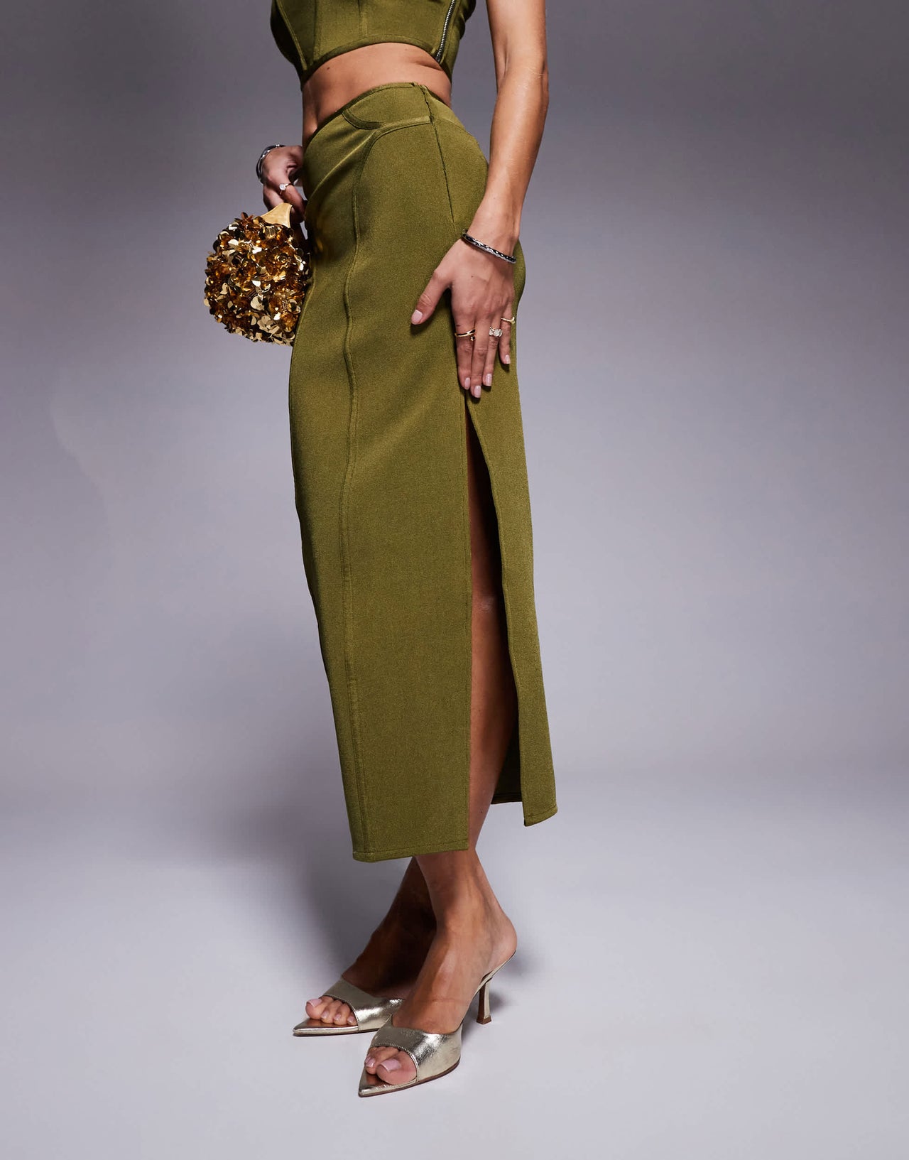 ASOS DESIGN co-ord bandage midi skirt with seams in olive