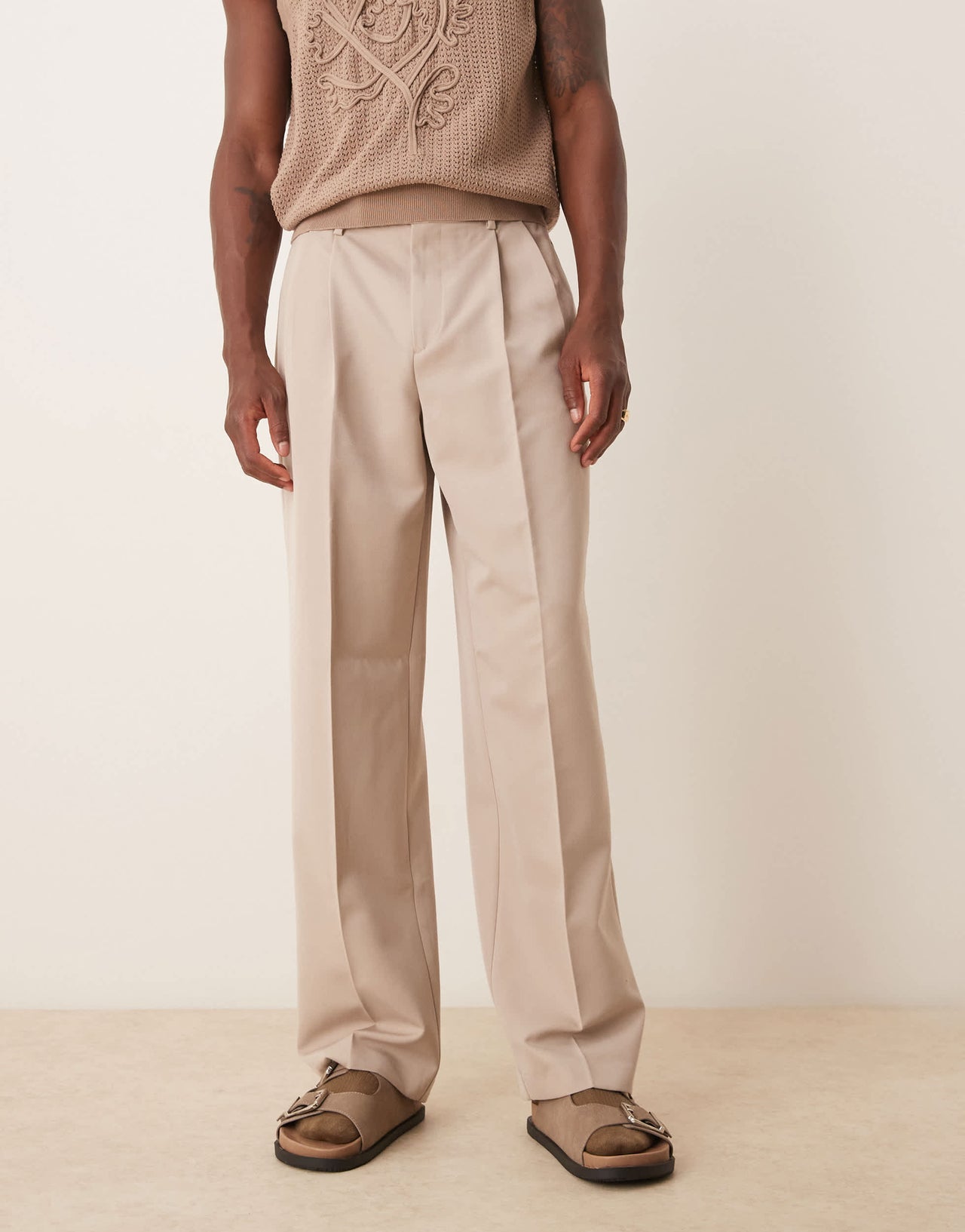 ASOS DESIGN smart wide leg trousers with double pleats in stone