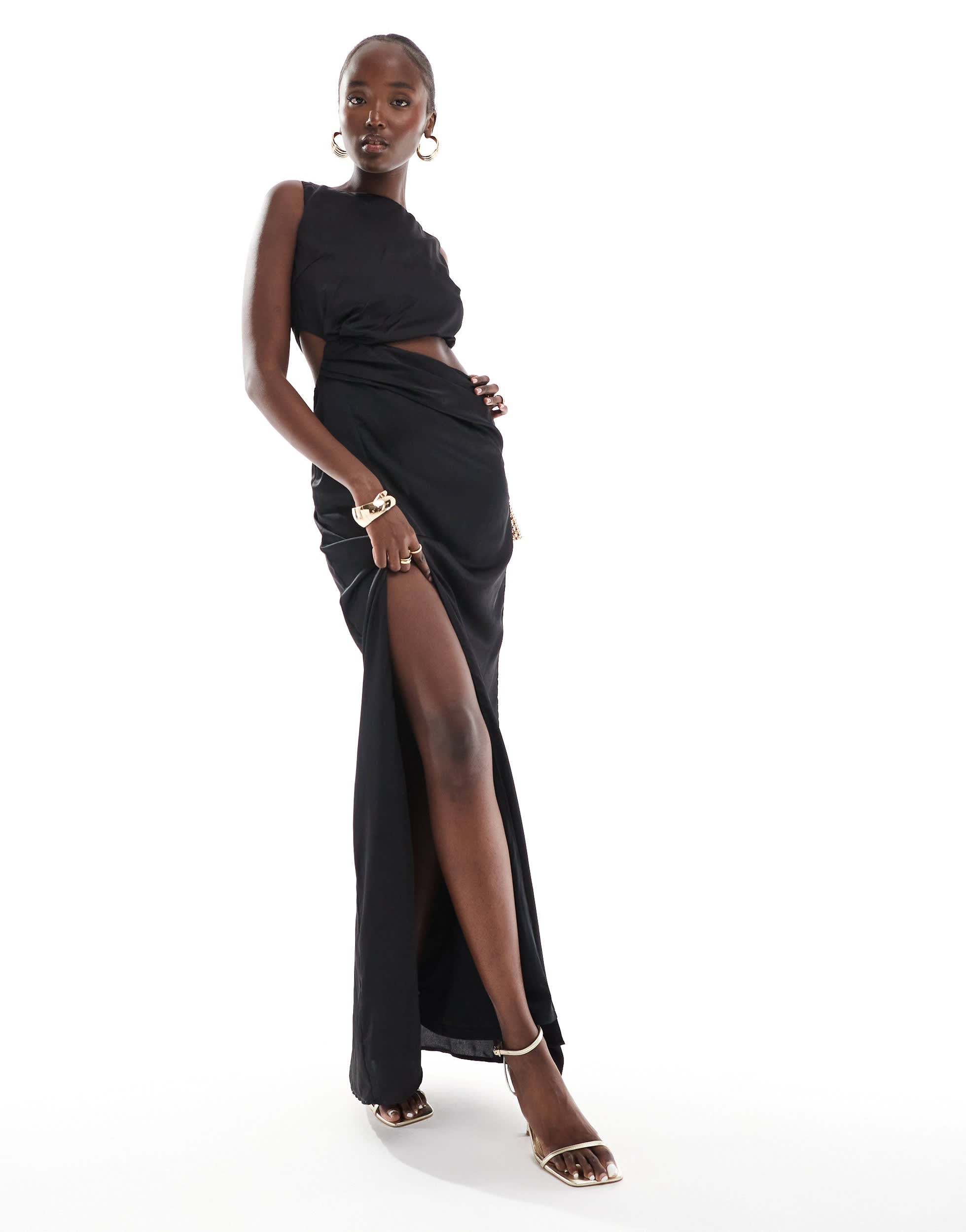 TFNC Tall satin cut-out waist maxi dress in black