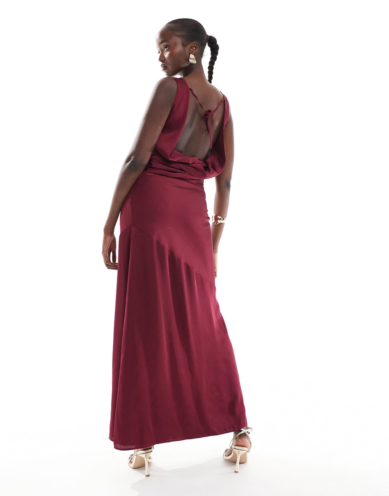 TFNC Tall satin cowl back maxi dress in berry