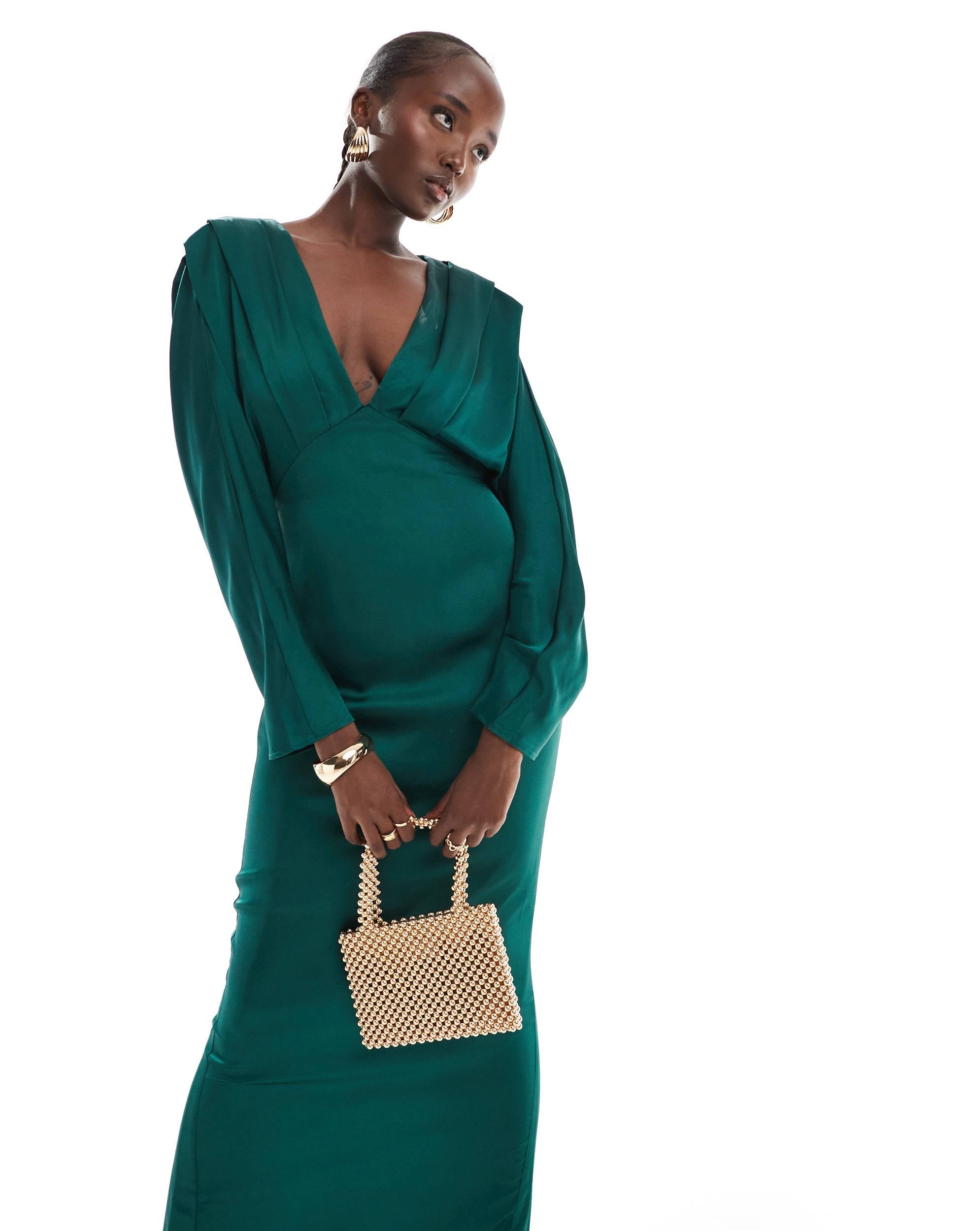 TFNC Tall satin kimono top maxi dress in emerald green