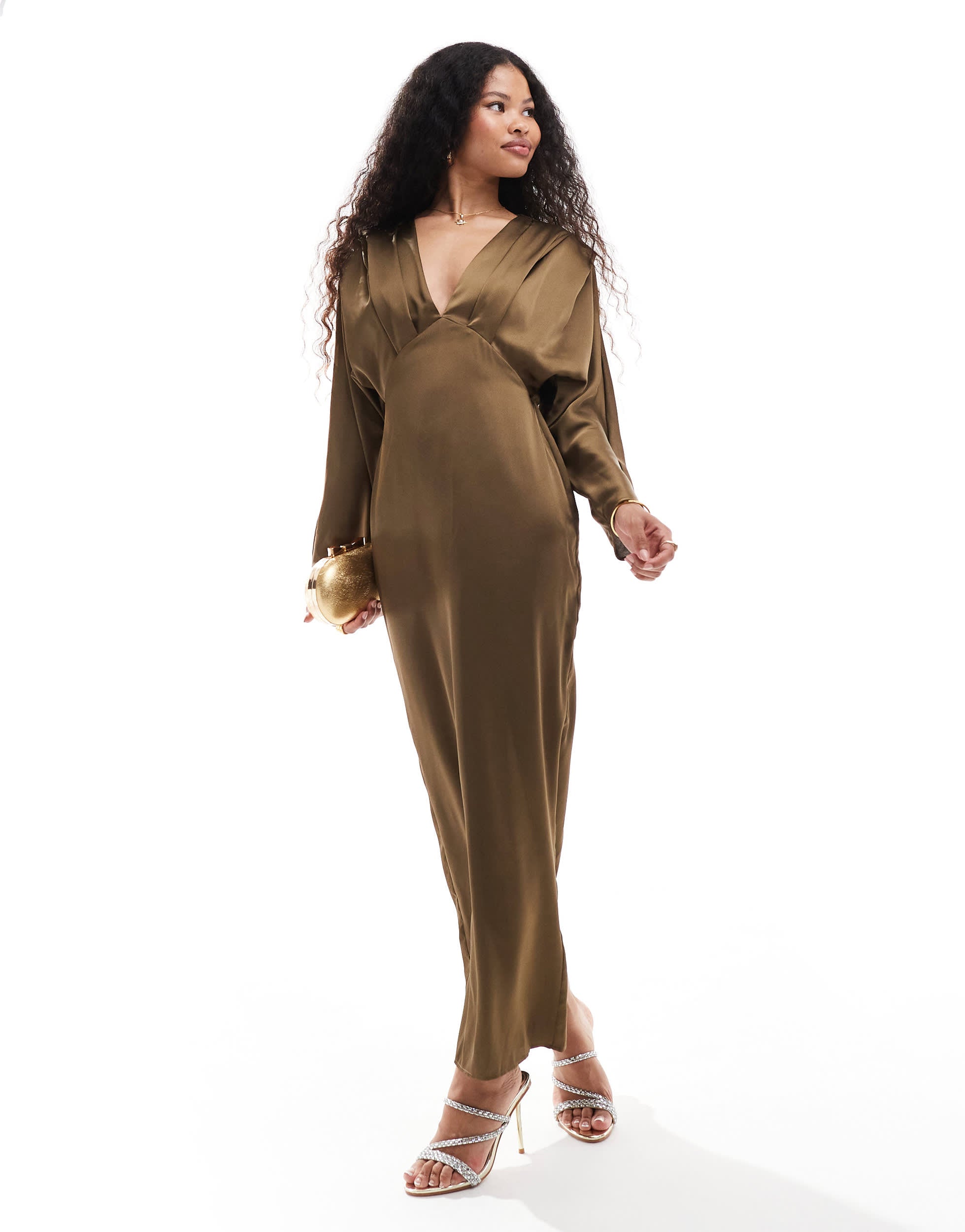 TFNC Petite satin kimono top maxi dress in olive