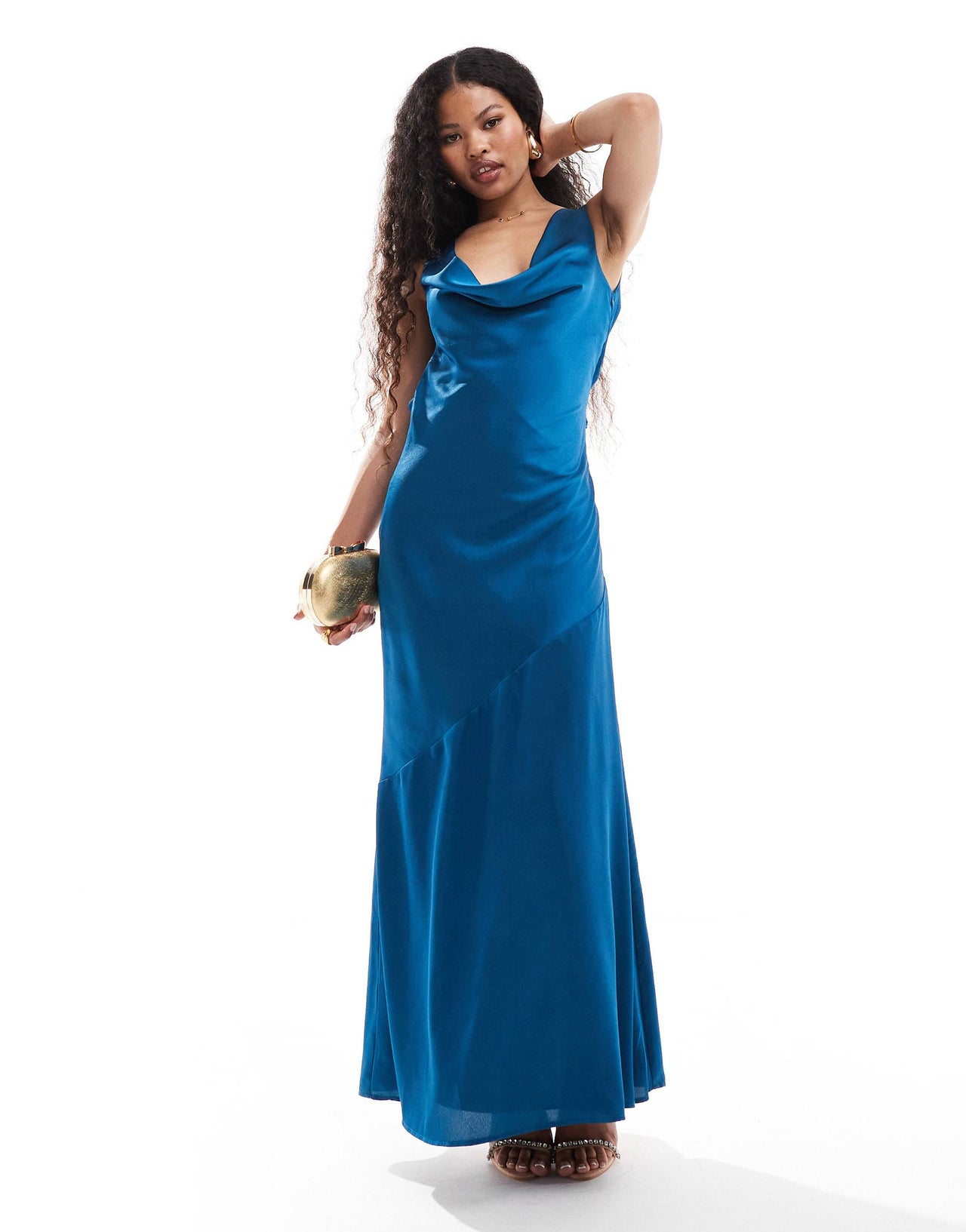 TFNC Petite satin cowl back maxi dress in teal