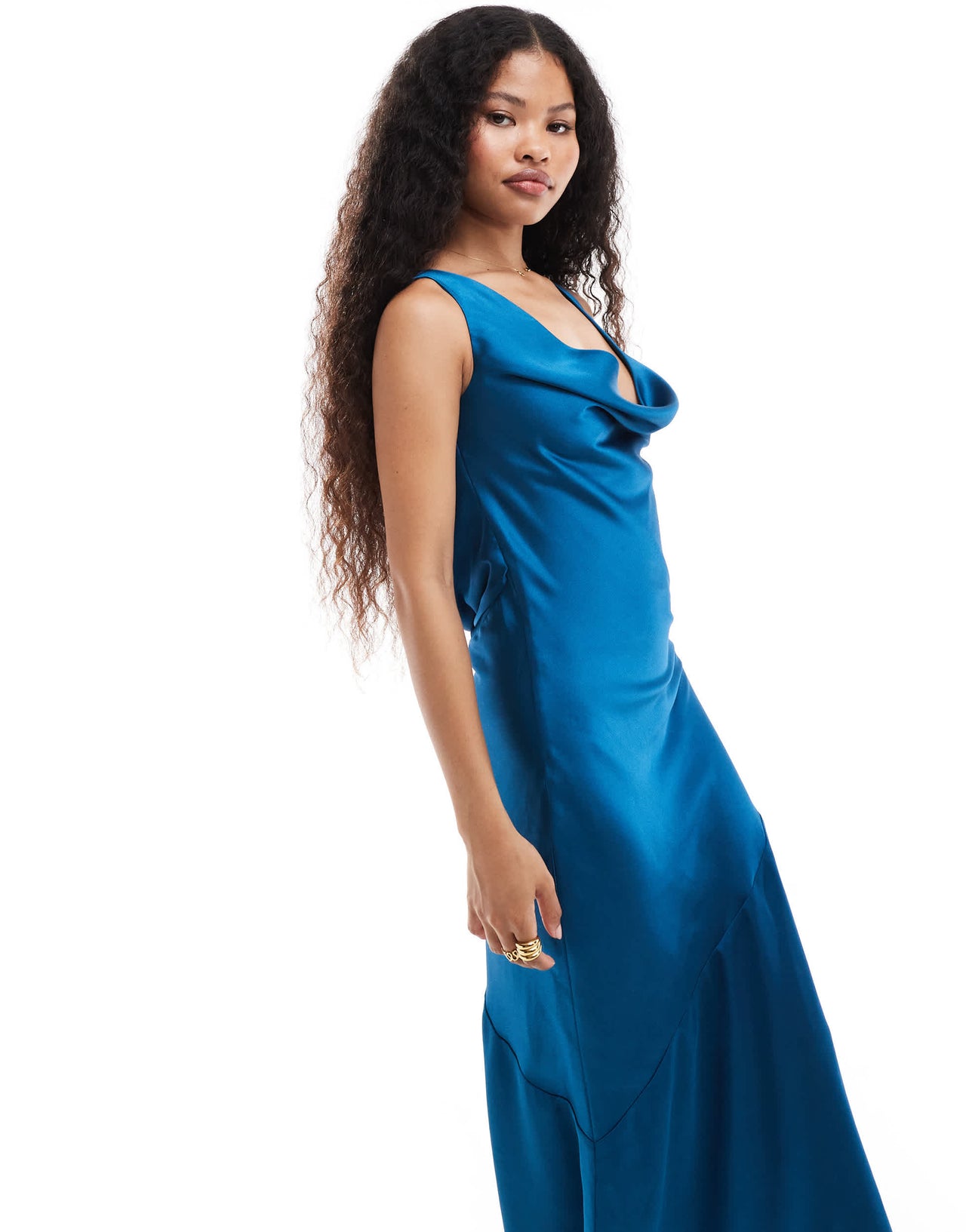 TFNC Petite satin cowl back maxi dress in teal