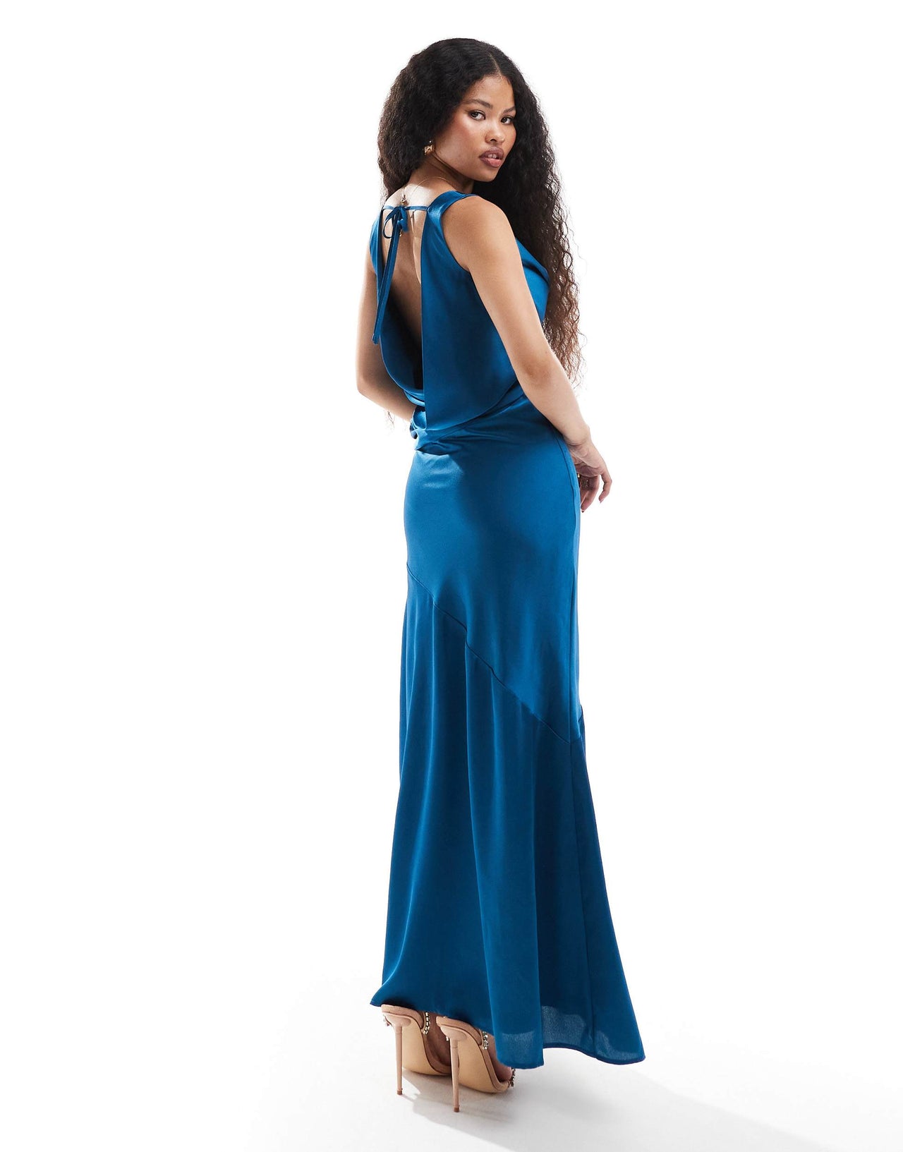 TFNC Petite satin cowl back maxi dress in teal