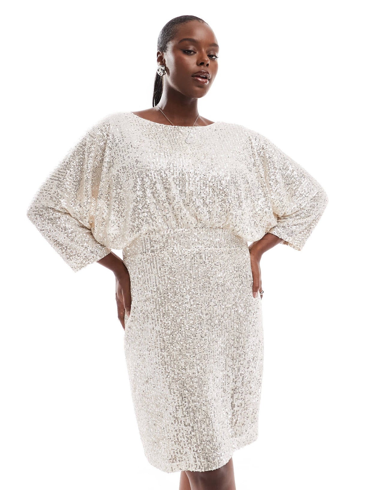 TFNC Plus sequin kimono top mini dress in silver