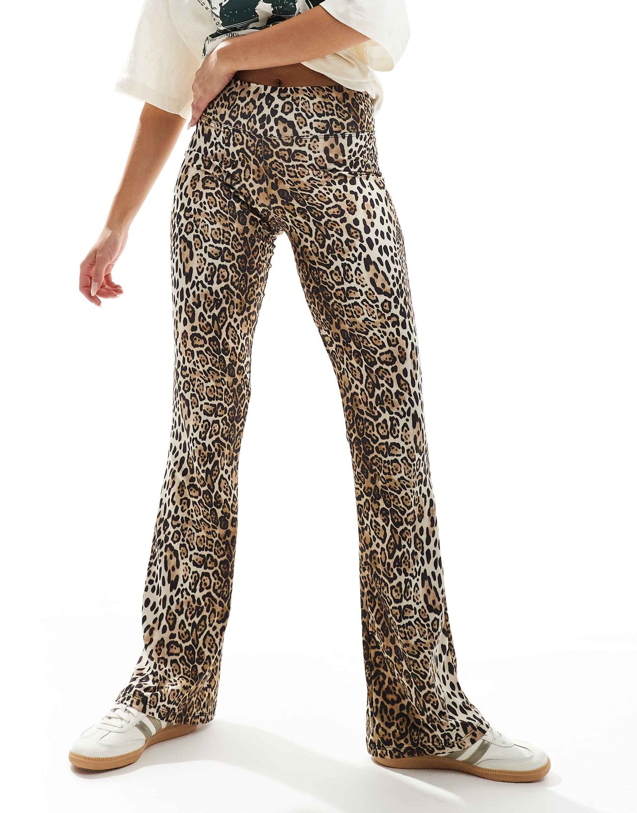 Pull&Bear polyamide sculpt flare trouser in leopard print