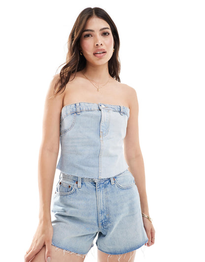 Pull&Bear contrast denim waistband detail corset in washed blue