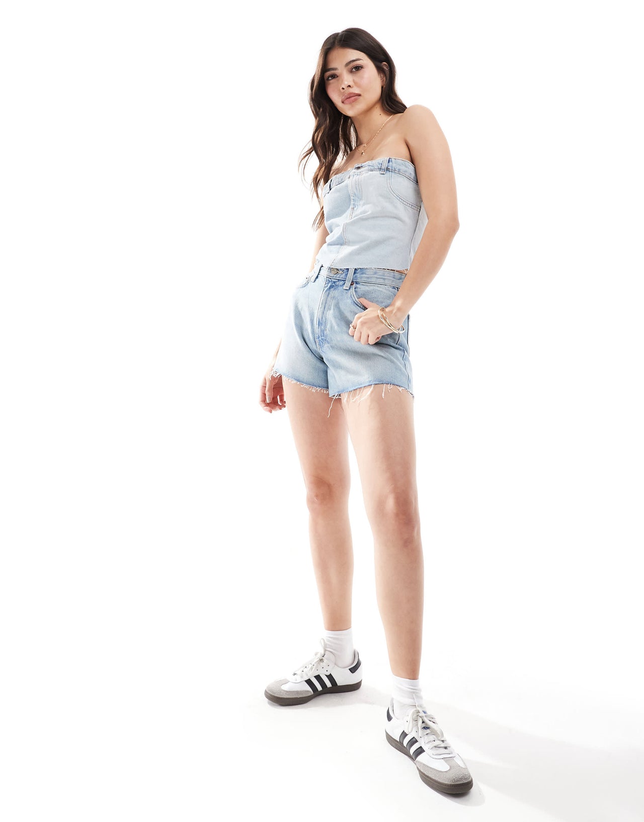 Pull&Bear contrast denim waistband detail corset in washed blue