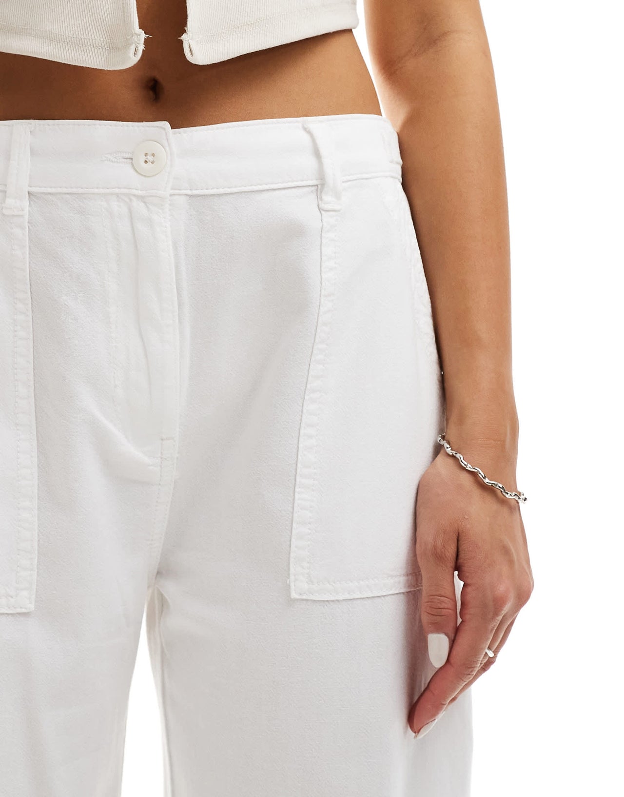 Pull&Bear wide leg cotton trouser with adjustable waist in white