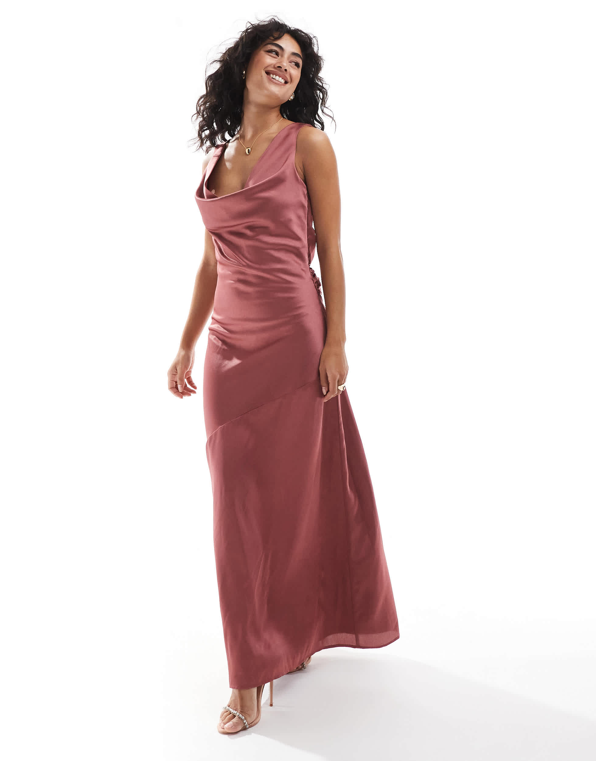 TFNC satin cowl back maxi dress in mulberry