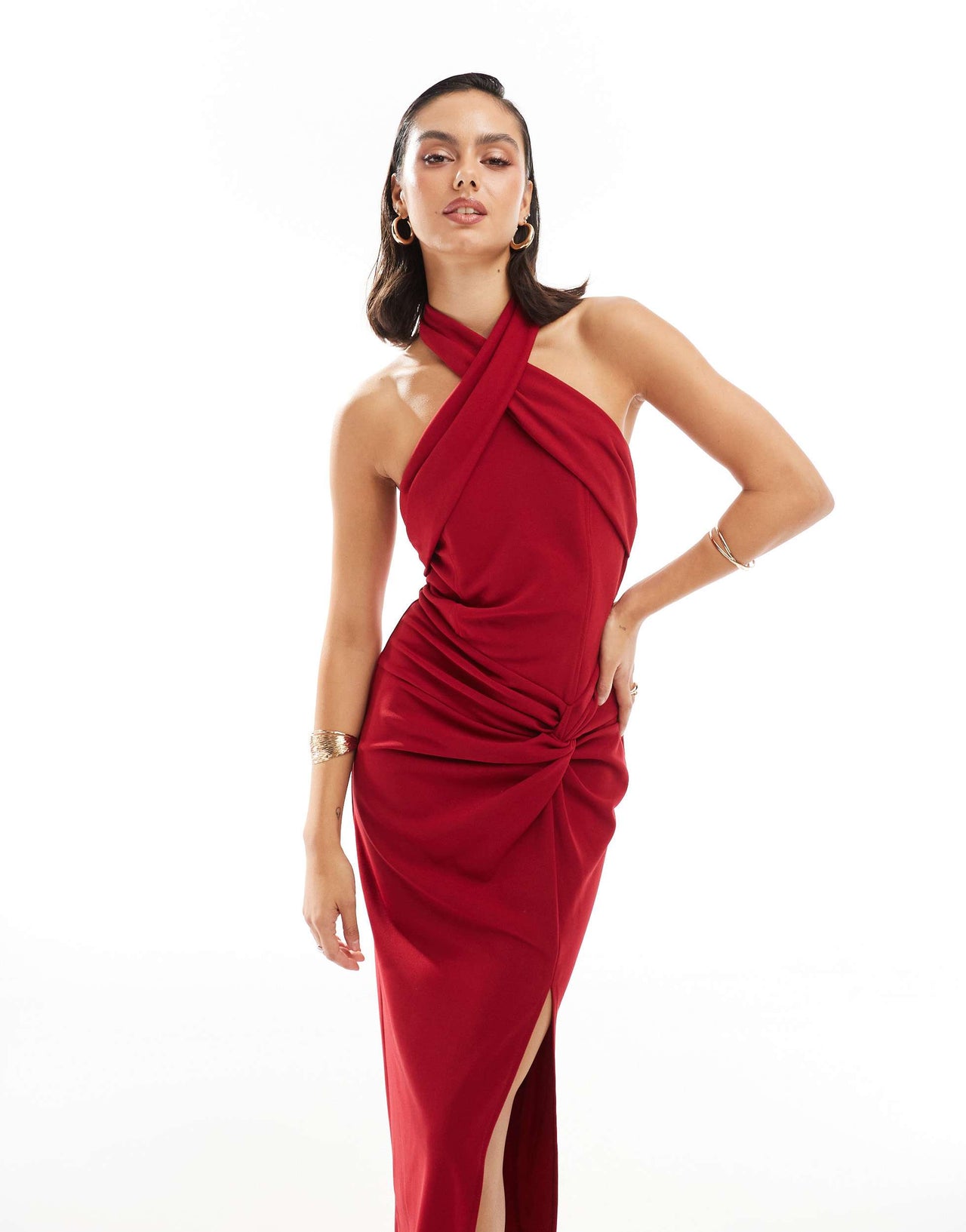 TFNC crepe halter neck maxi dress with thigh split in red